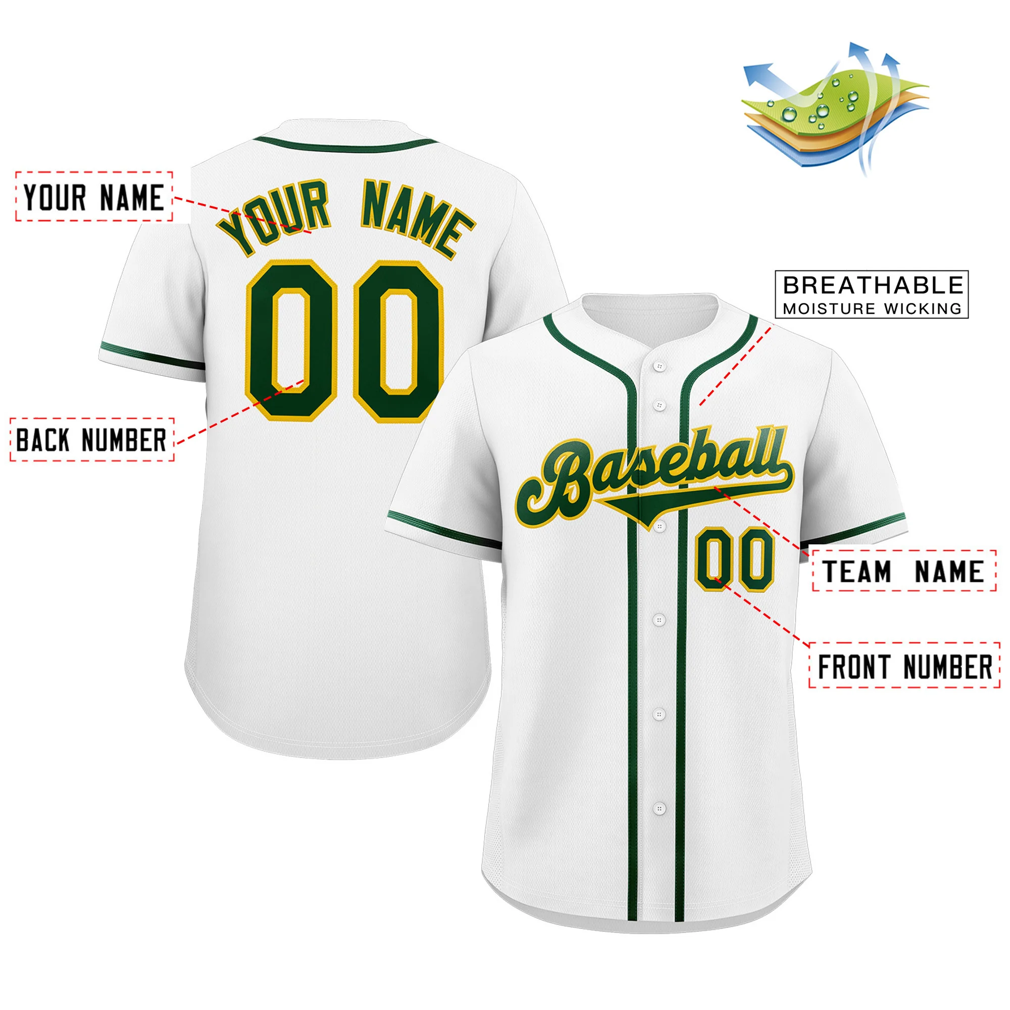 Custom White Green-Yellow Classic Style Authentic Baseball Jersey - Image 2