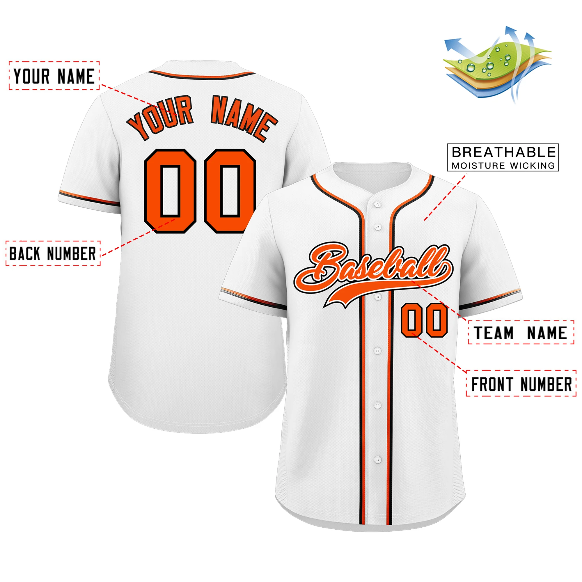 Custom White Orange-Black Classic Style Authentic Baseball Jersey - Image 2