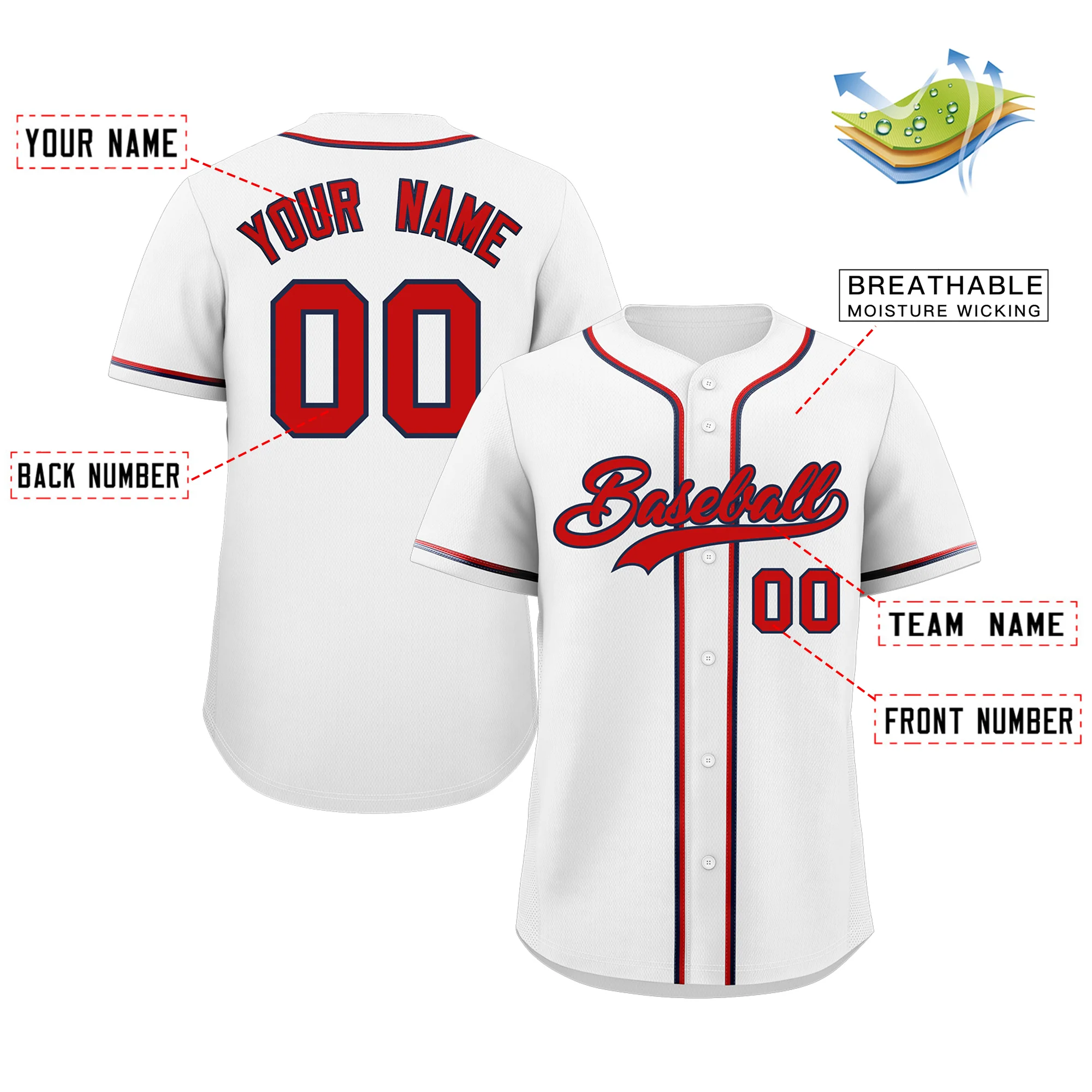 Custom White Red-Navy Classic Style Authentic Baseball Jersey - Image 2