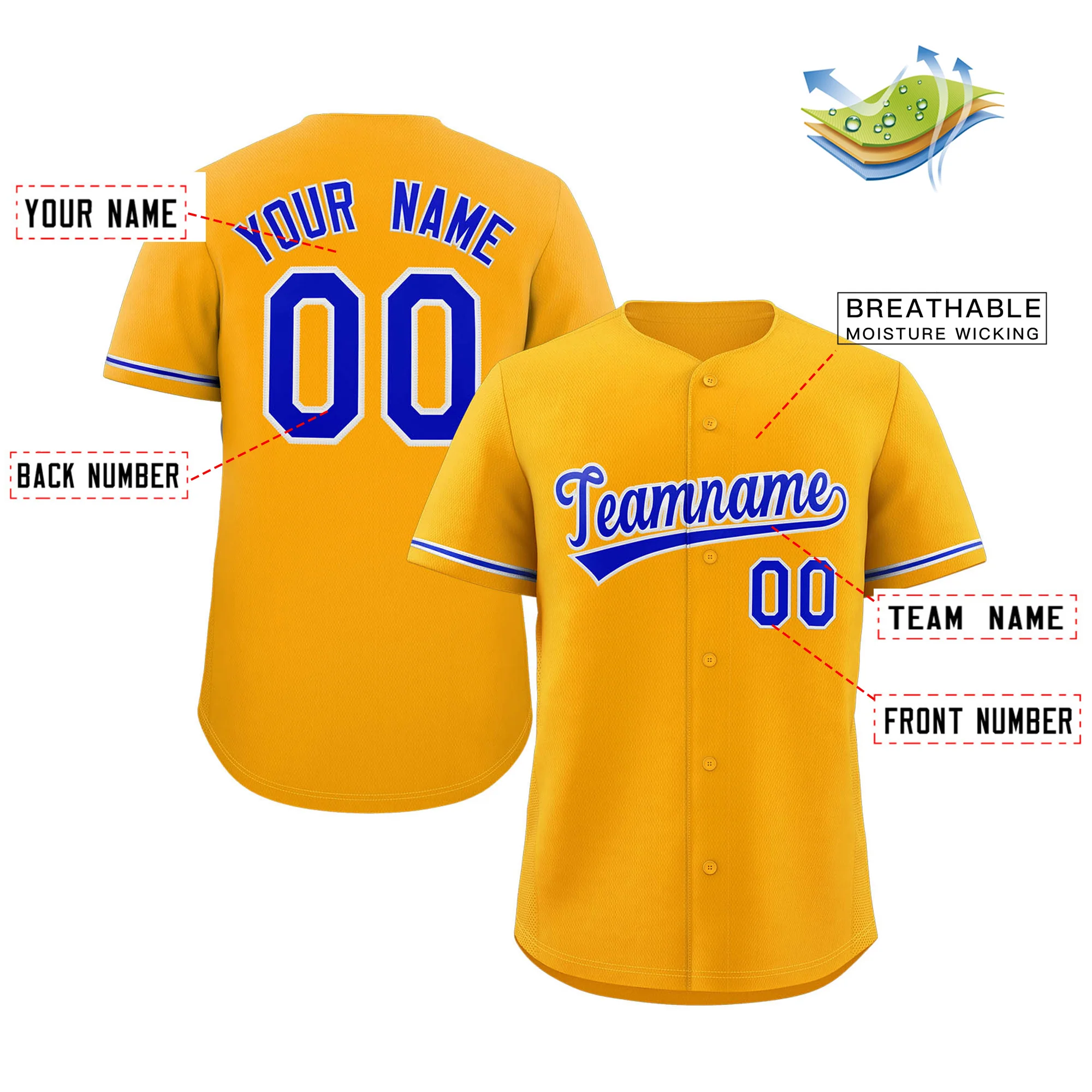 Custom Yellow Royal-White Classic Style Authentic Baseball Jersey - Image 2