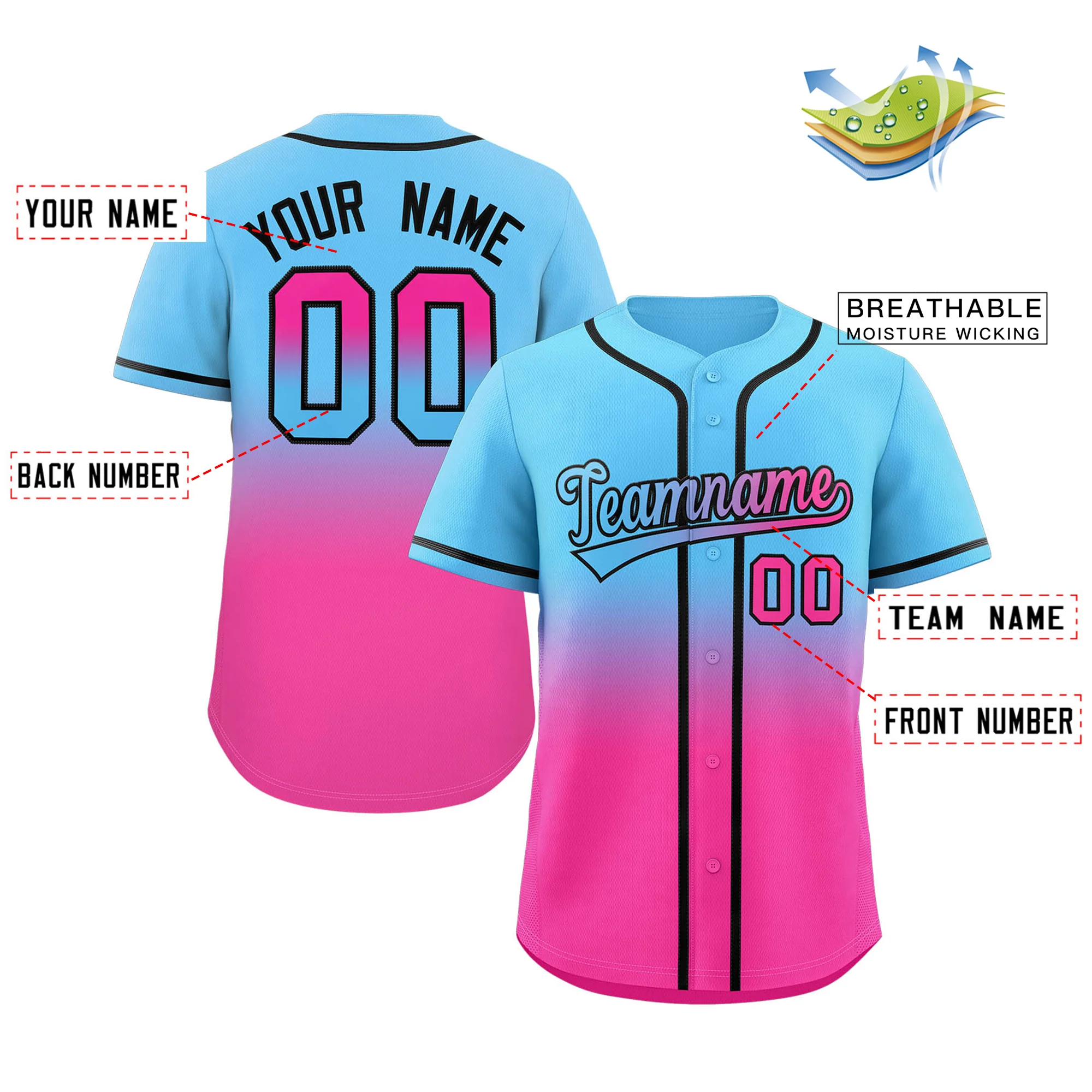 Custom Light Blue Pink Gradient Fashion Authentic Baseball Jersey - Image 2