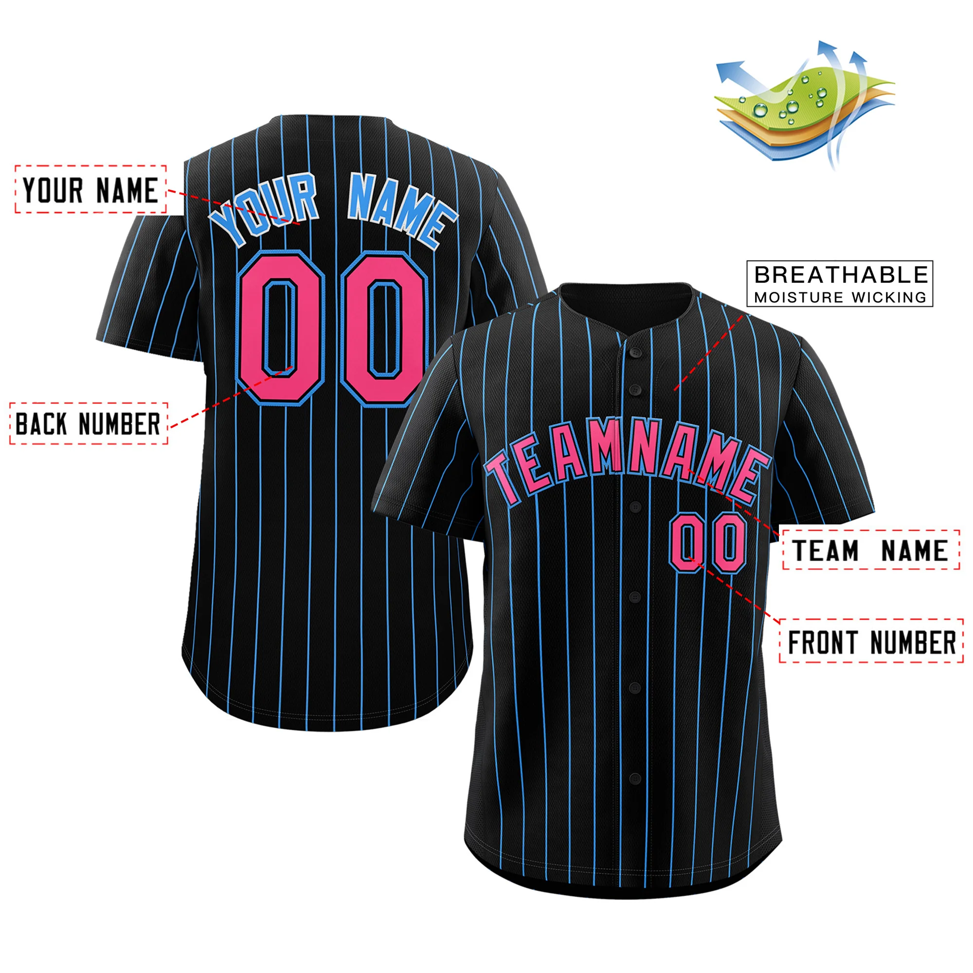 Custom Black Pink-Powder Blue Stripe Fashion Authentic Baseball Jersey - Image 3