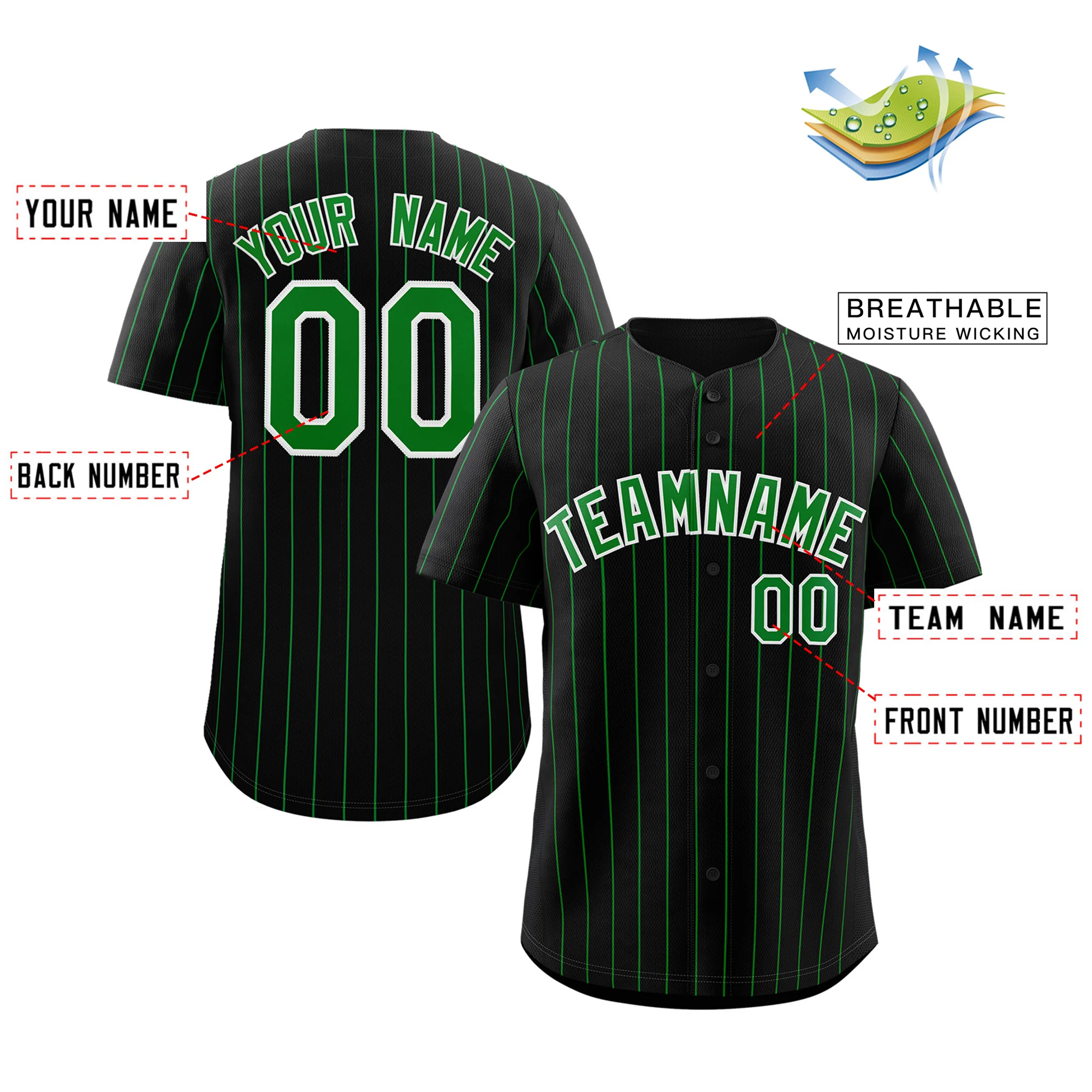 Custom Black Green-White Stripe Fashion Authentic Baseball Jersey - Image 2