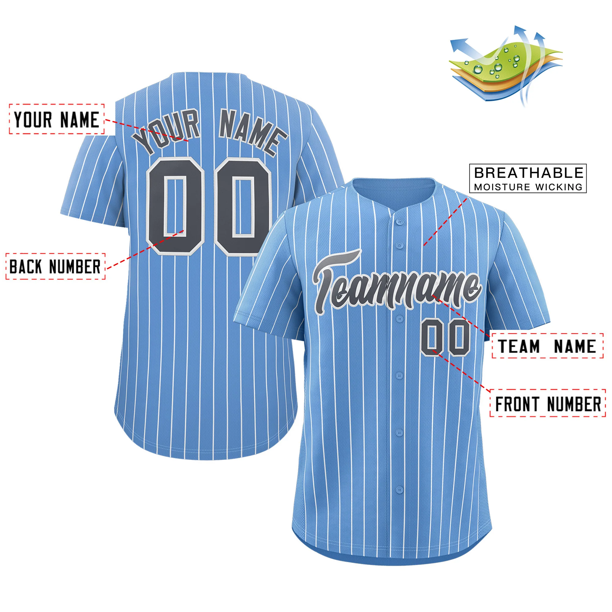Custom Light Blue Navy-White Stripe Fashion Authentic Baseball Jersey - Image 2