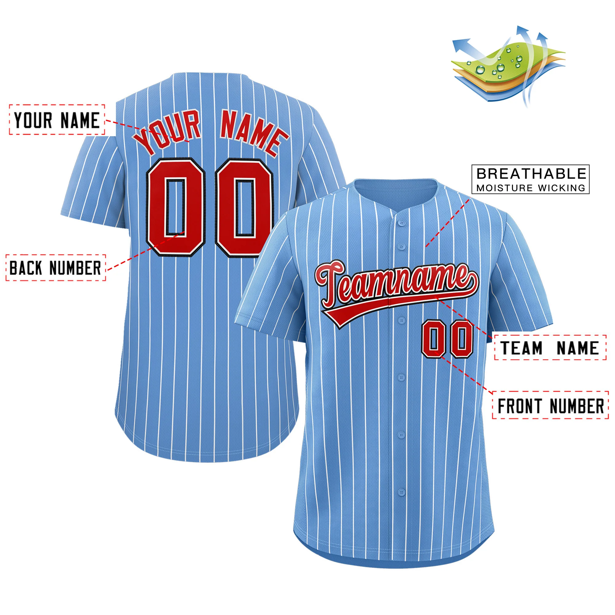 Custom Light Blue Red-Royal Stripe Fashion Authentic Baseball Jersey - Image 2