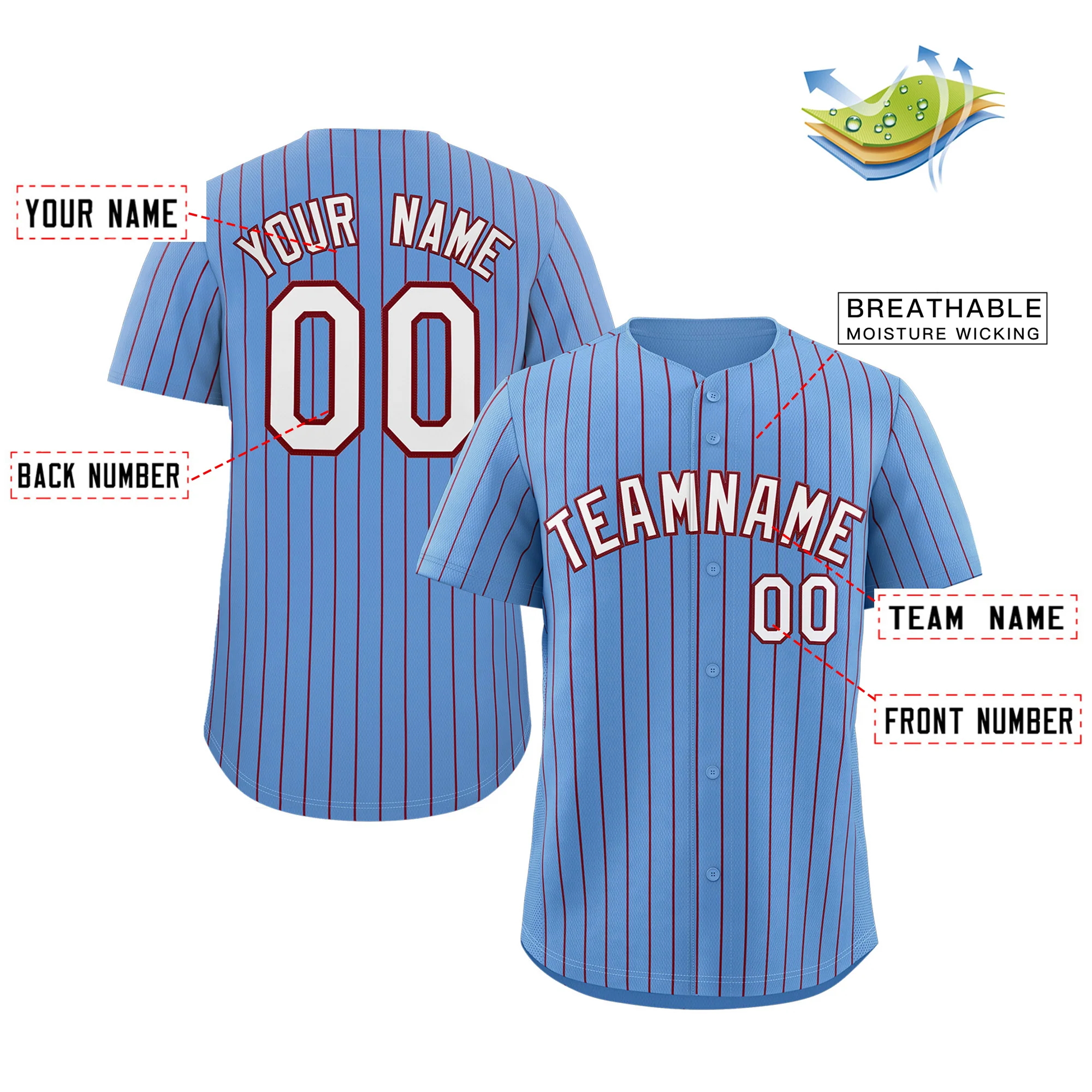 Custom Light Blue White-Crimson Stripe Fashion Authentic Baseball Jersey - Image 2