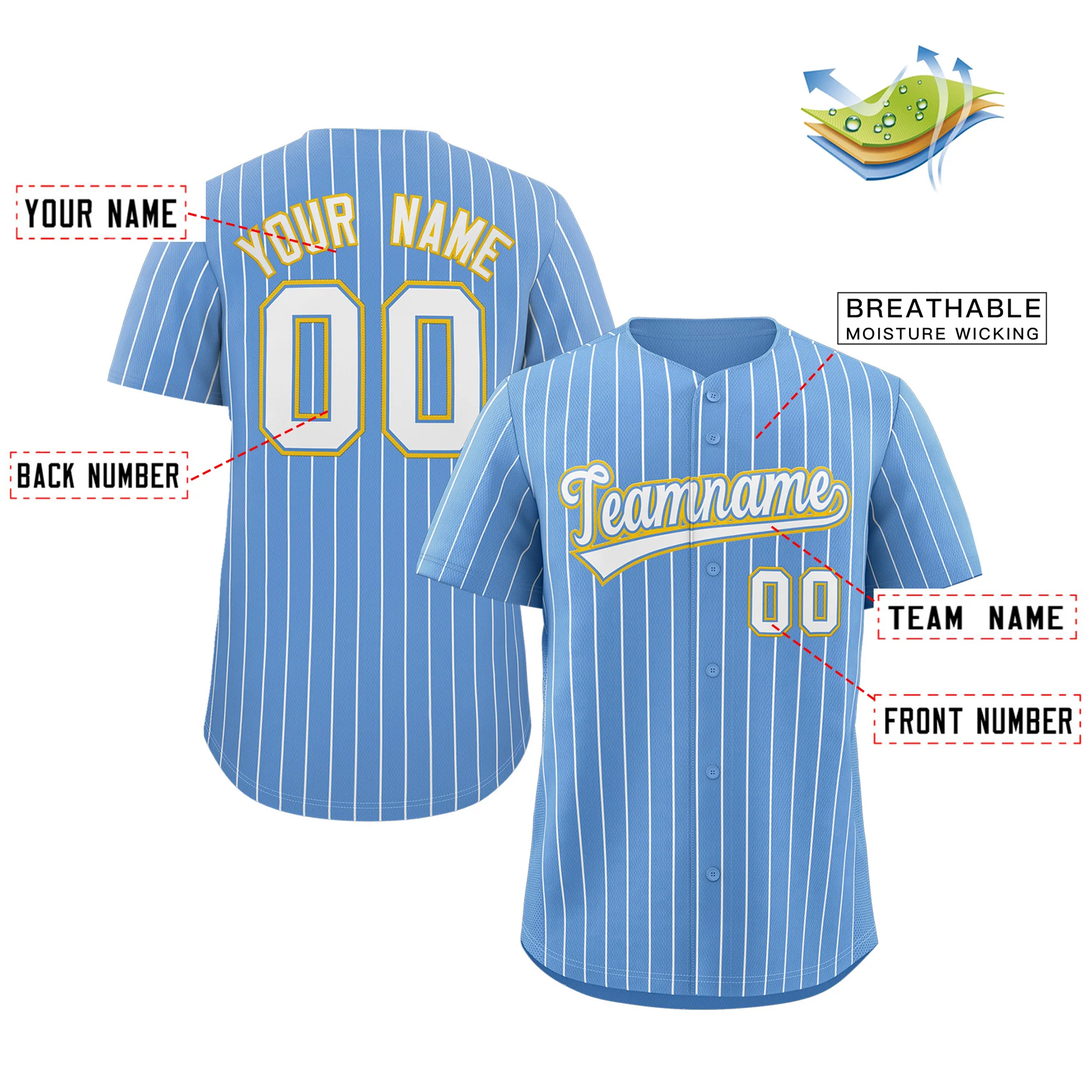 Custom Light Blue White-Gold Stripe Fashion Authentic Baseball Jersey - Image 3