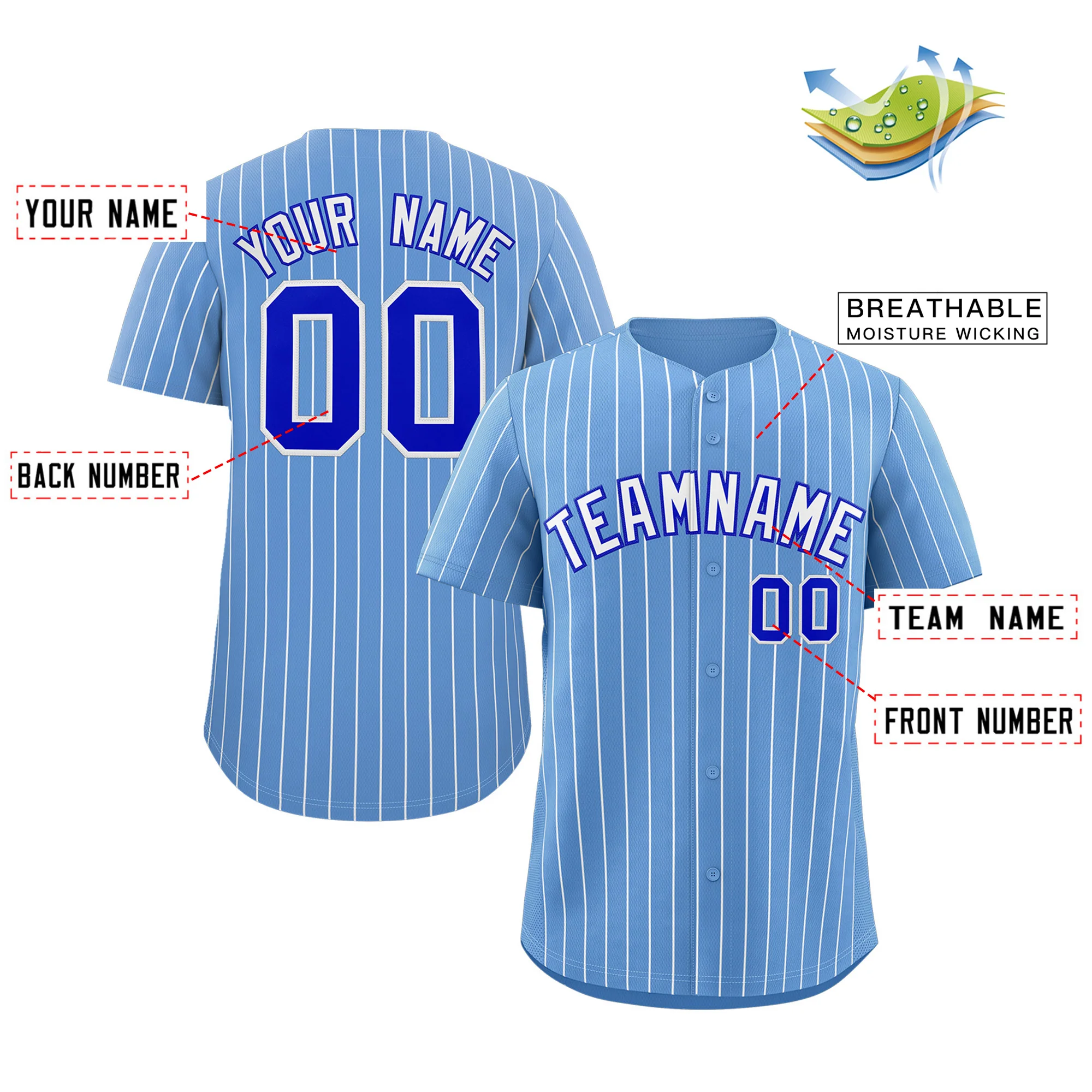 Custom Light Blue White-Royal Stripe Fashion Authentic Baseball Jersey - Image 3