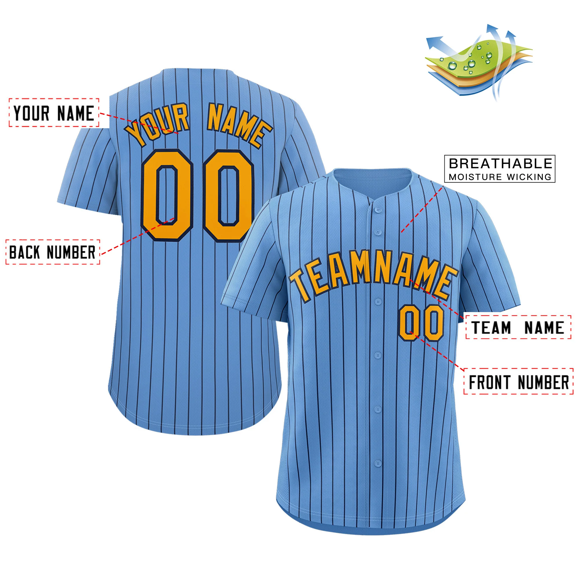 Custom Light Blue Yellow-Navy Stripe Fashion Authentic Baseball Jersey - Image 3