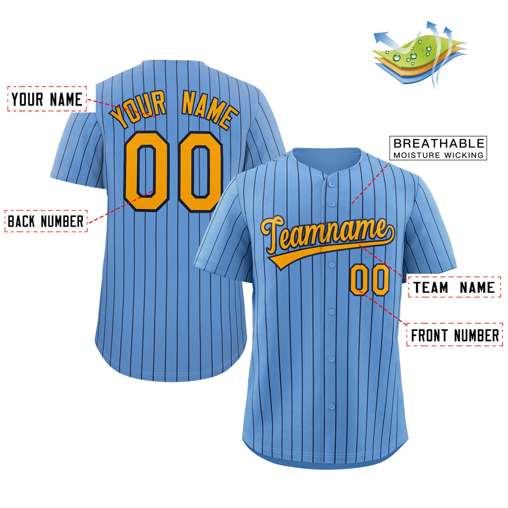Custom Light Blue Yellow-Navy Stripe Fashion Authentic Baseball Jersey - Image 3