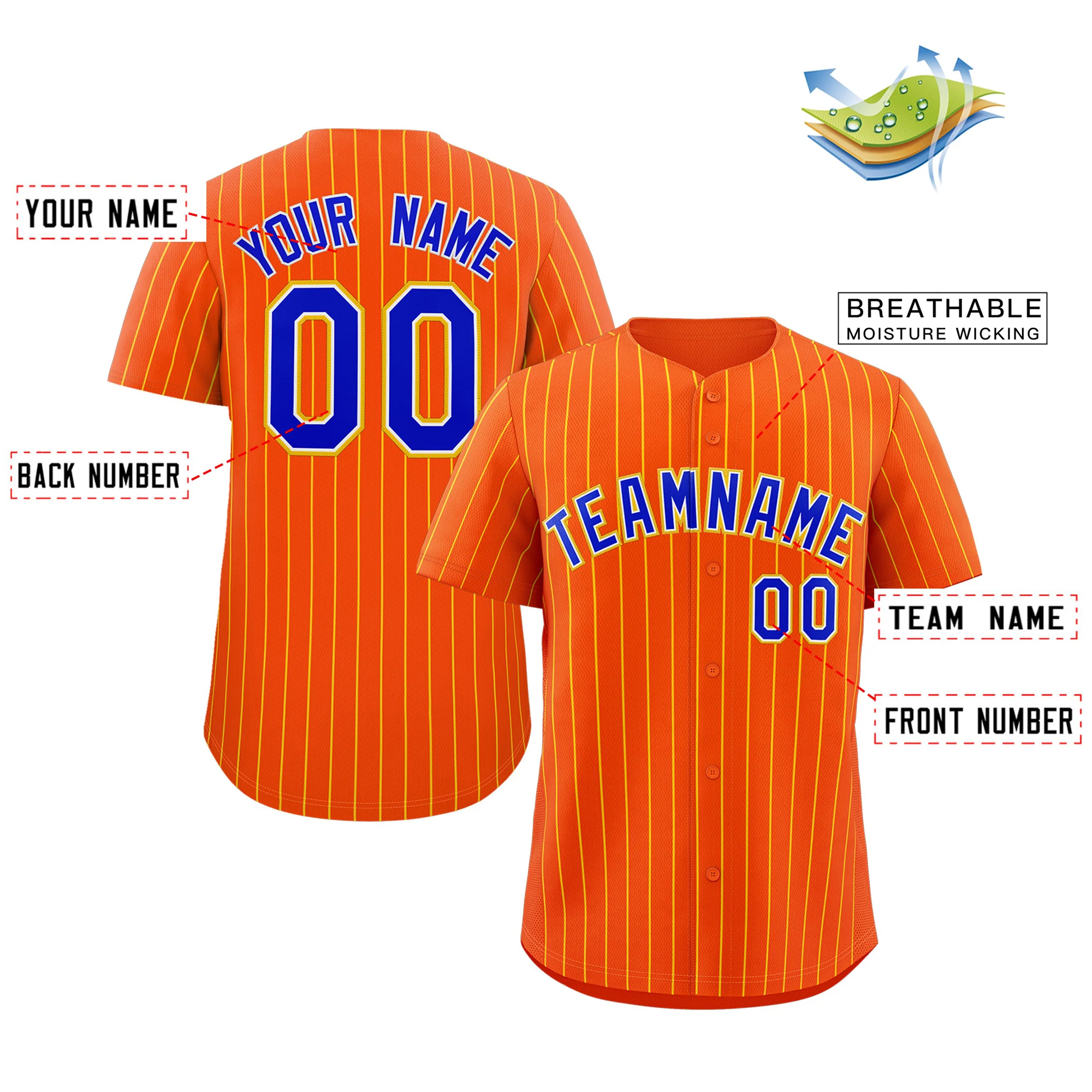 Custom Orange Royal-Yellow Stripe Fashion Authentic Baseball Jersey - Image 3