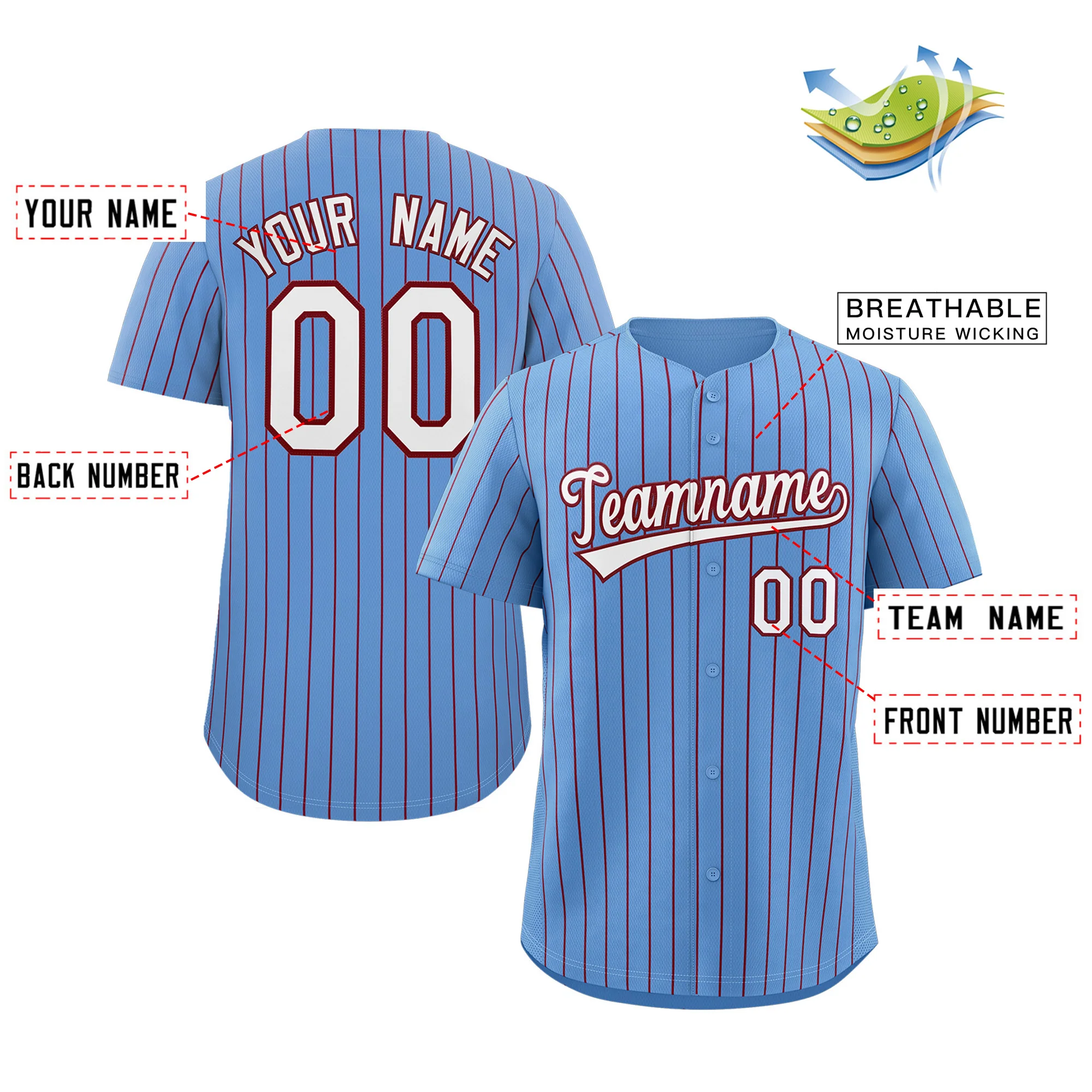 Custom Powder Blue White-Crimson Stripe Fashion Authentic Baseball Jersey - Image 2