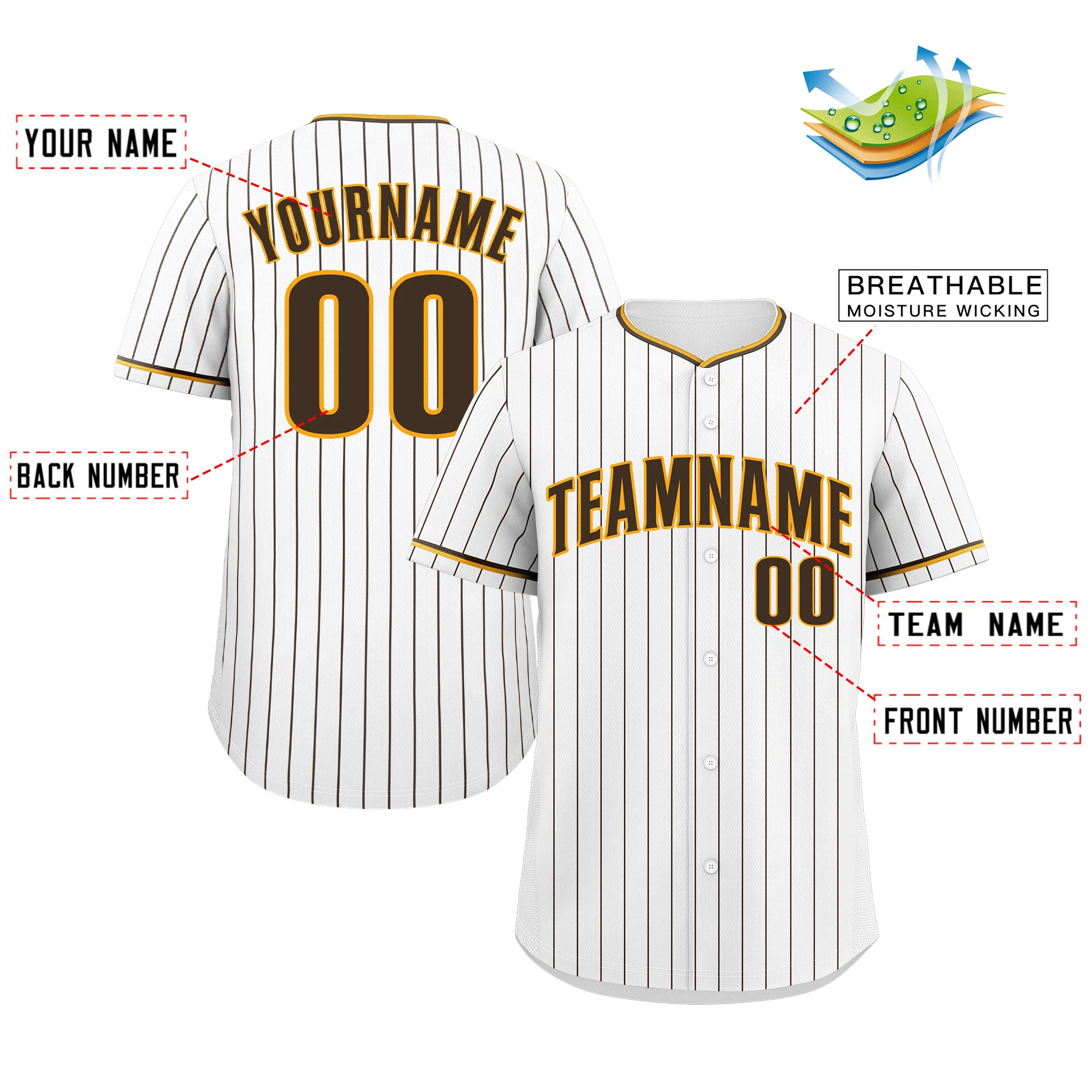Custom White Brown-Gold Stripe Fashion Authentic Baseball Jersey - Image 2