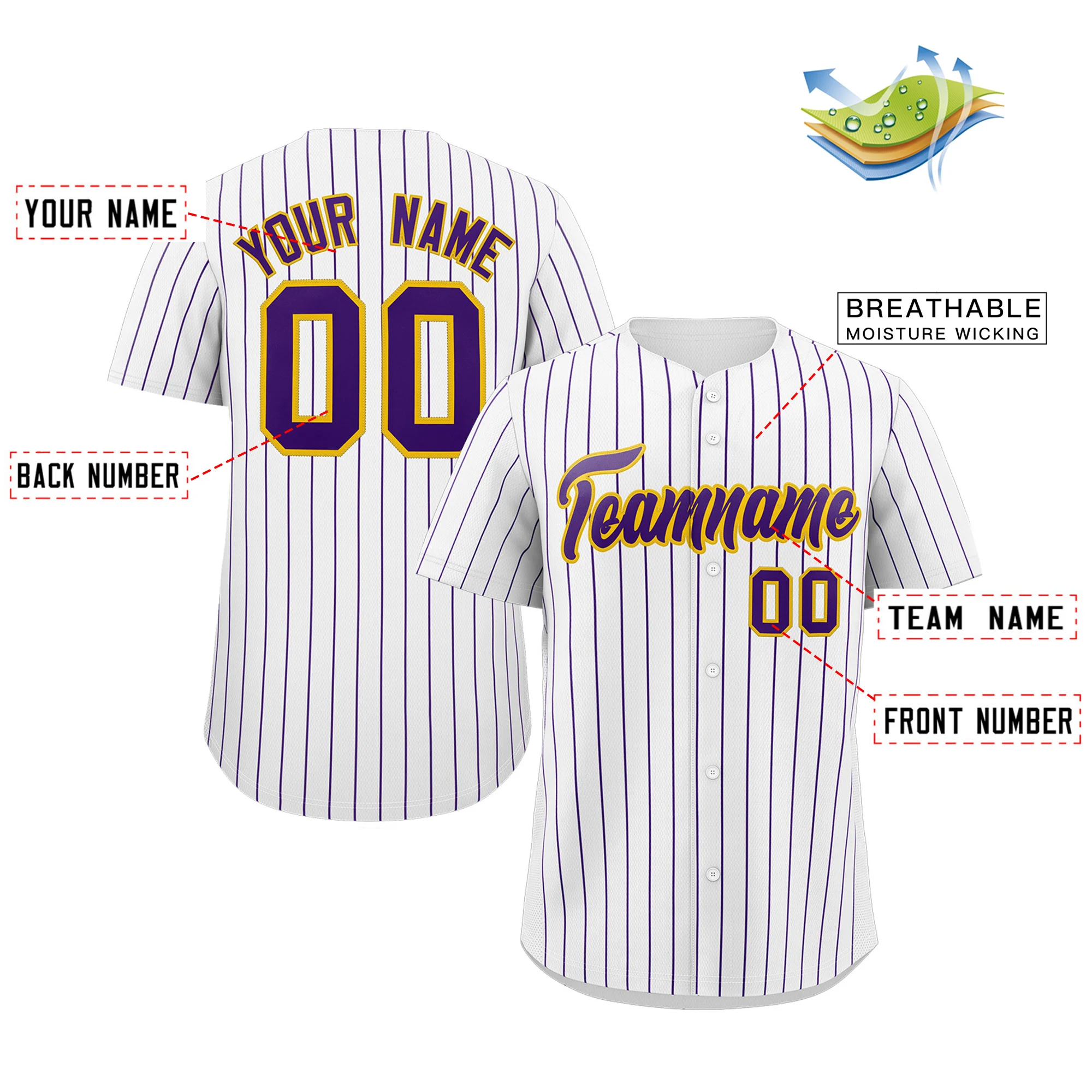 Custom White Purple-Yellow Stripe Fashion Authentic Baseball Jersey - Image 2