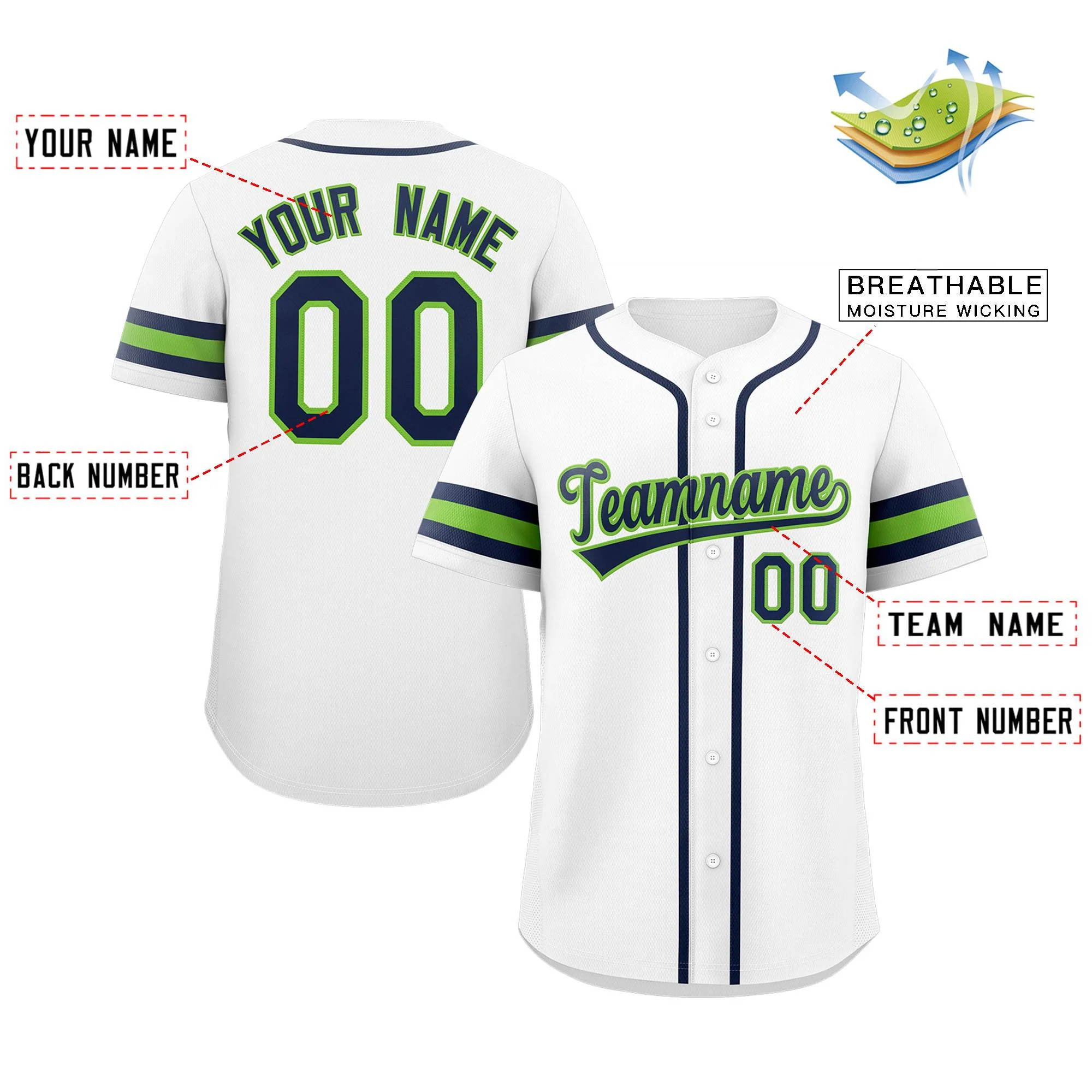 Custom White Navy-Green Classic Style Authentic Baseball Jersey - Image 2