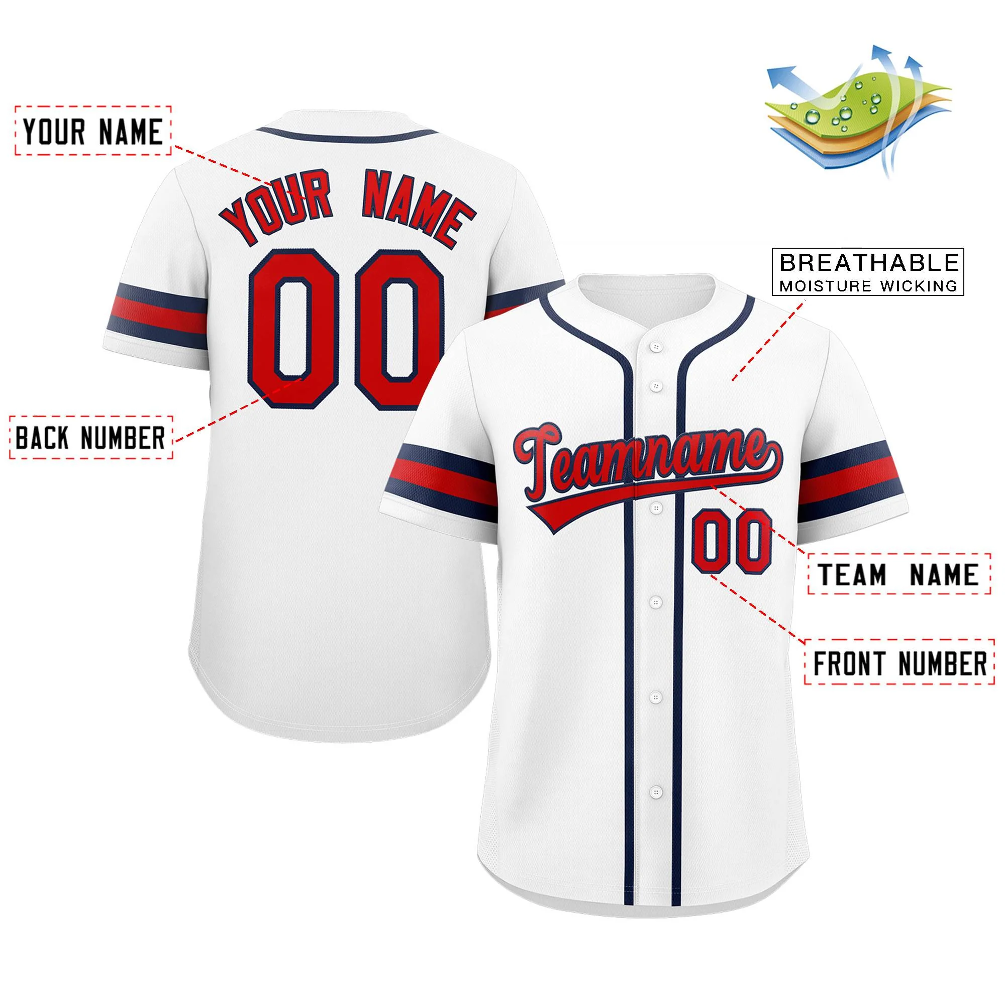 Custom White Red-Navy Classic Style Authentic Baseball Jersey - Image 2