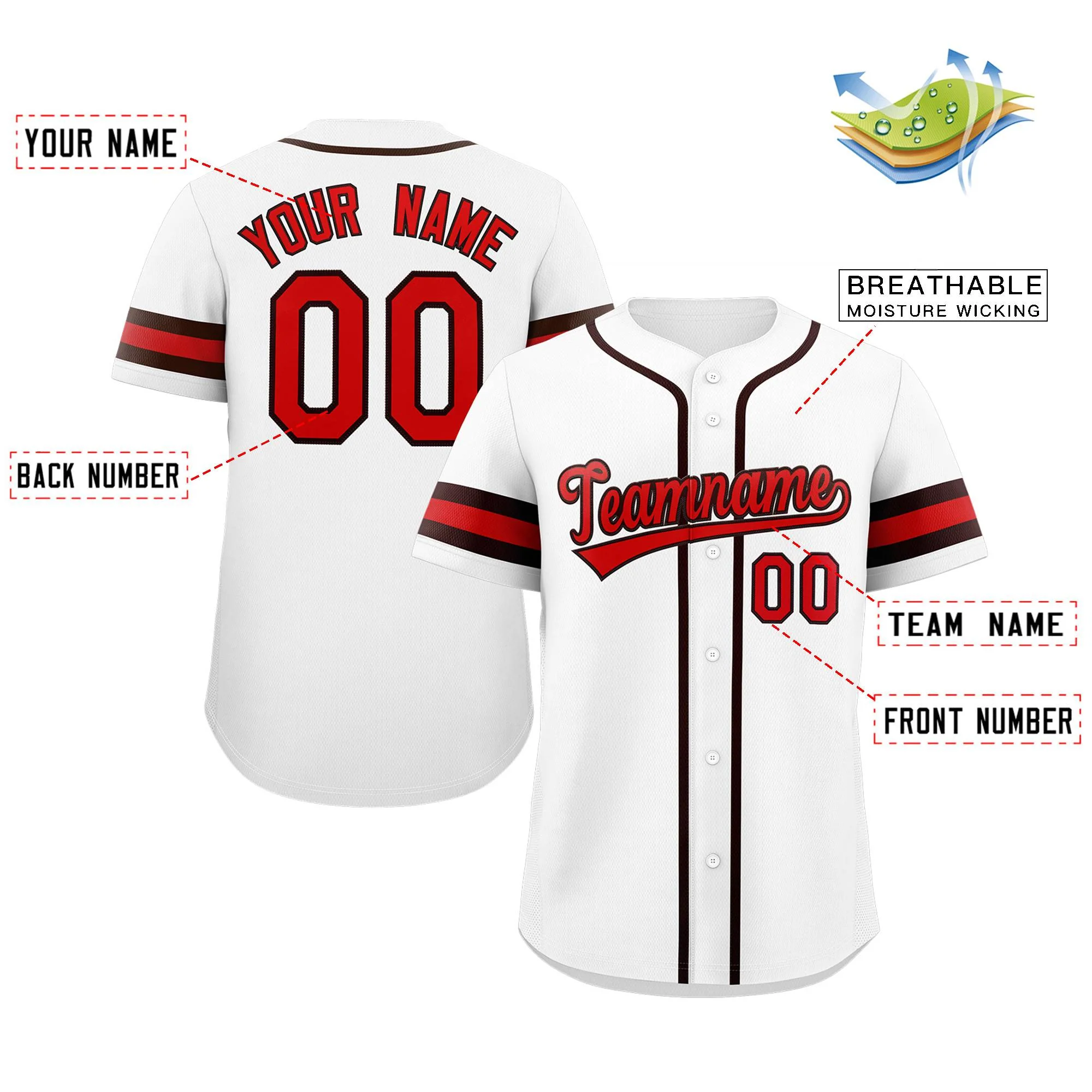 Custom White Red-Brown Classic Style Authentic Baseball Jersey - Image 2