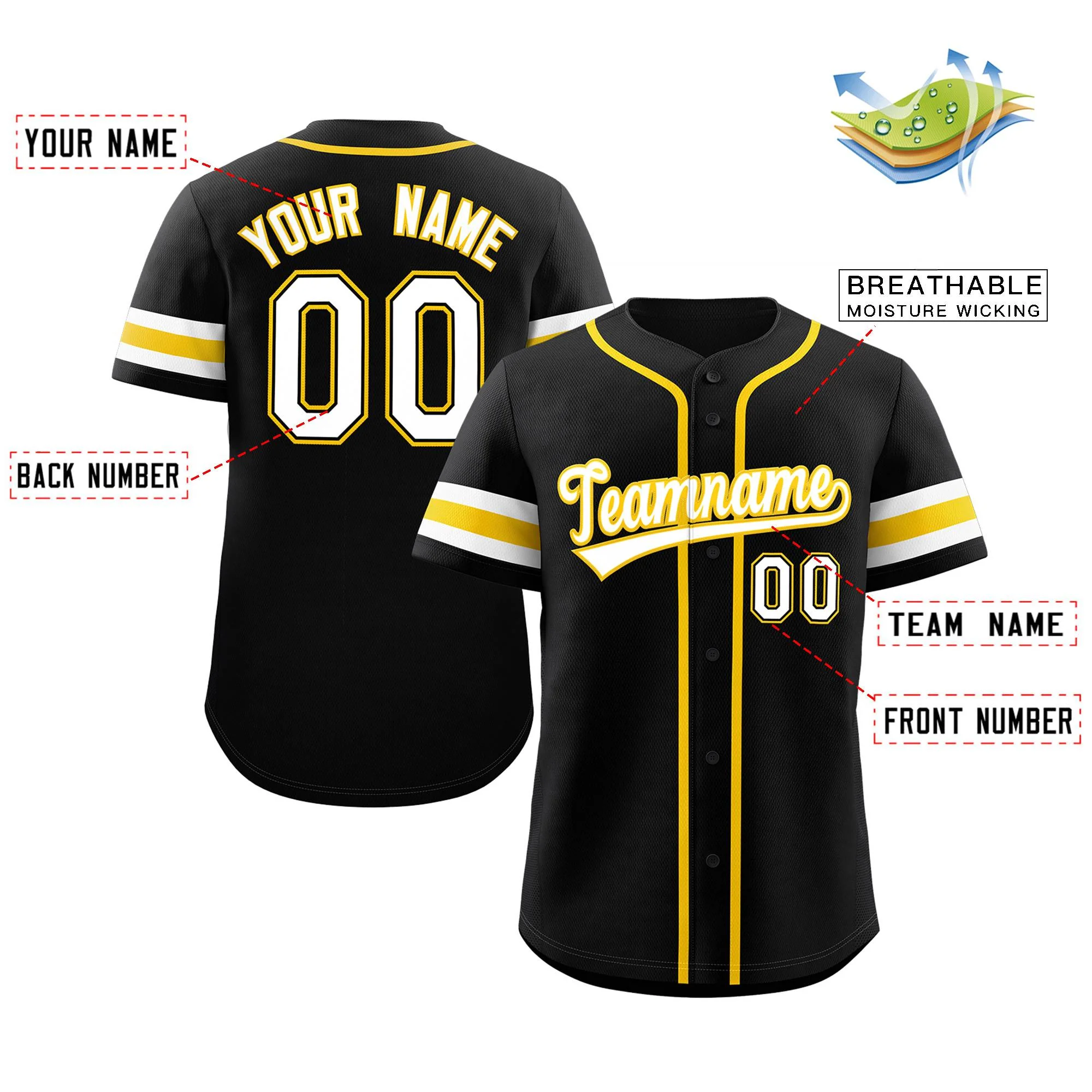 Custom Black White-Yellow Classic Style Authentic Baseball Jersey - Image 2