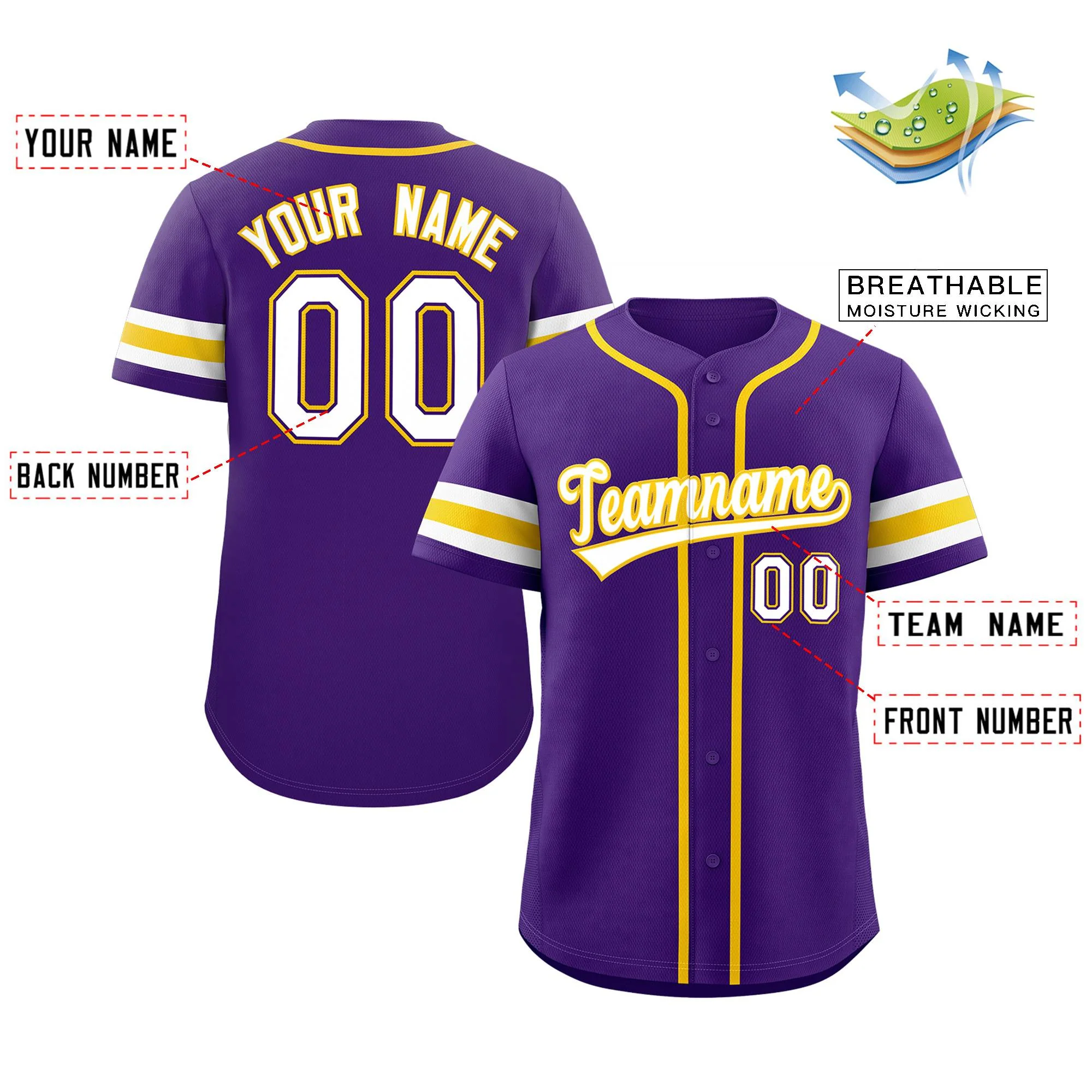 Custom Purple White-Yellow Classic Style Authentic Baseball Jersey - Image 2