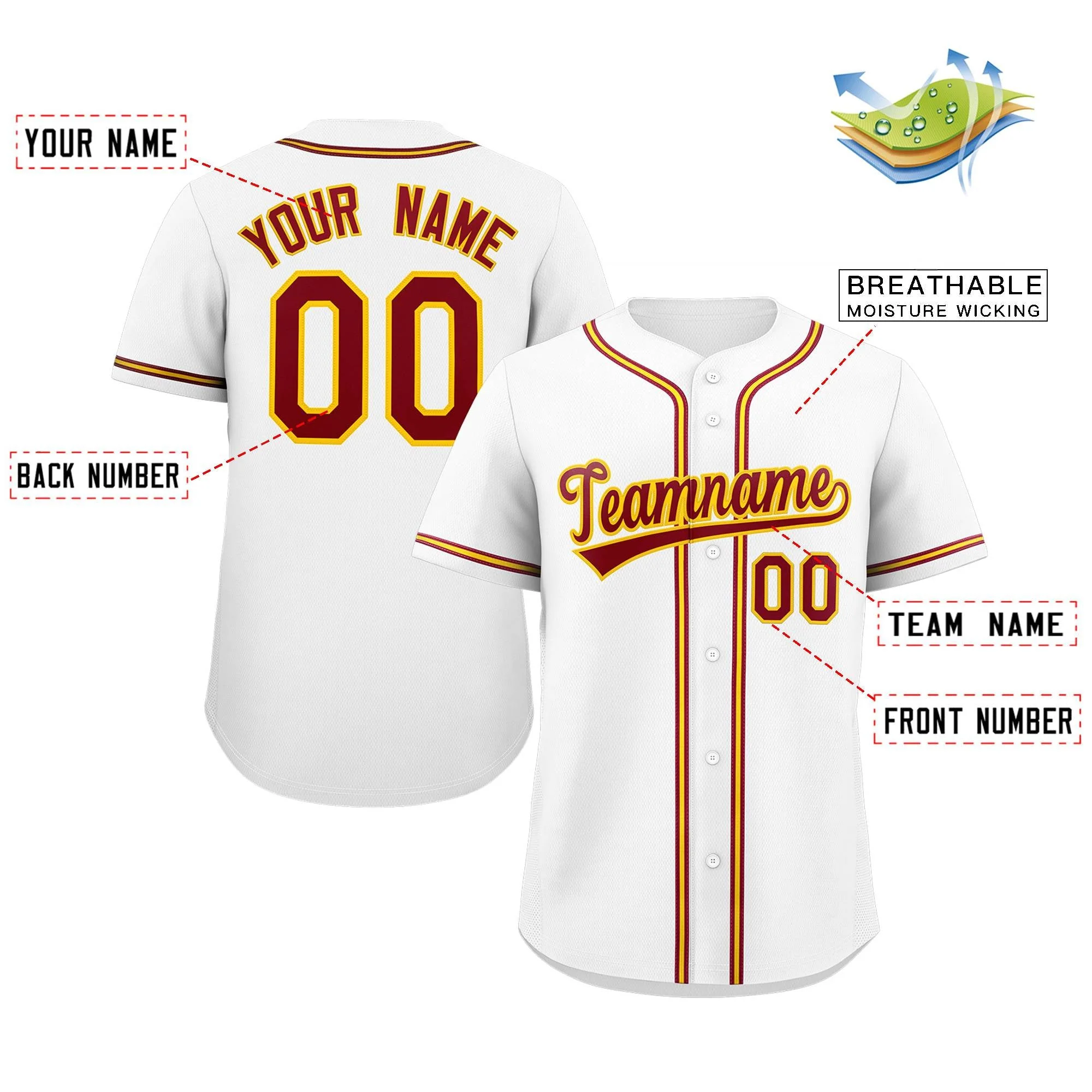 Custom White Red-Yellow Classic Style Authentic Baseball Jersey - Image 2