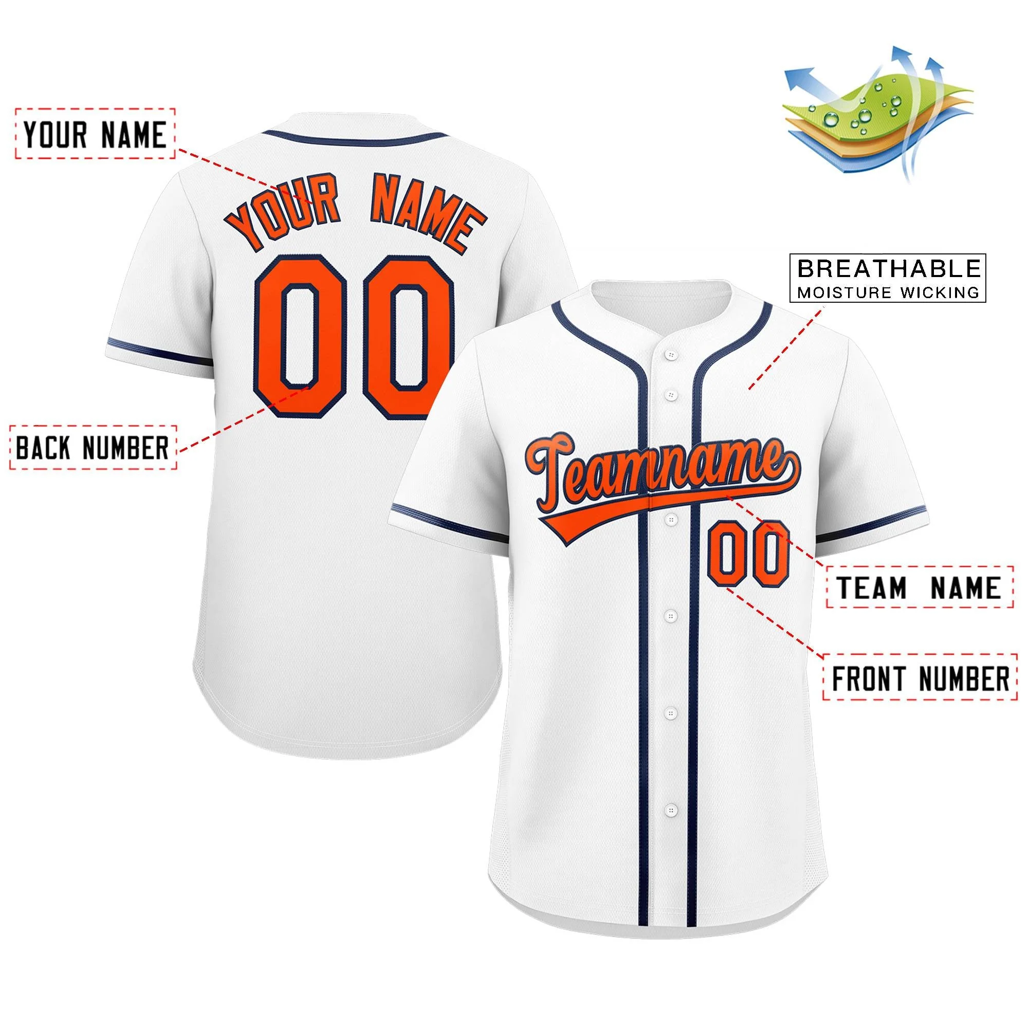 Custom White Orange-Navy Classic Style Authentic Baseball Jersey - Image 2
