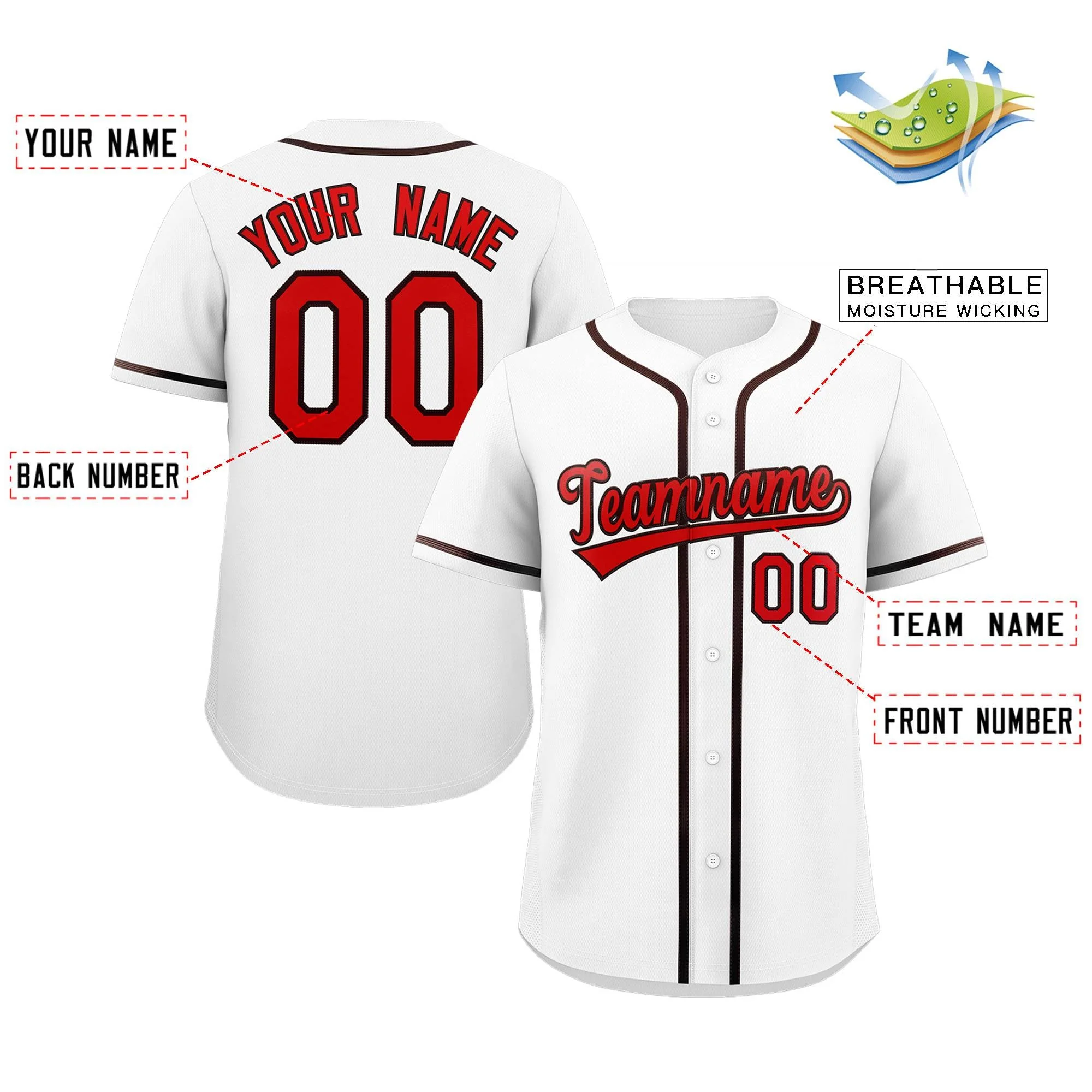 Custom White Red-Brown Classic Style Authentic Baseball Jersey - Image 2