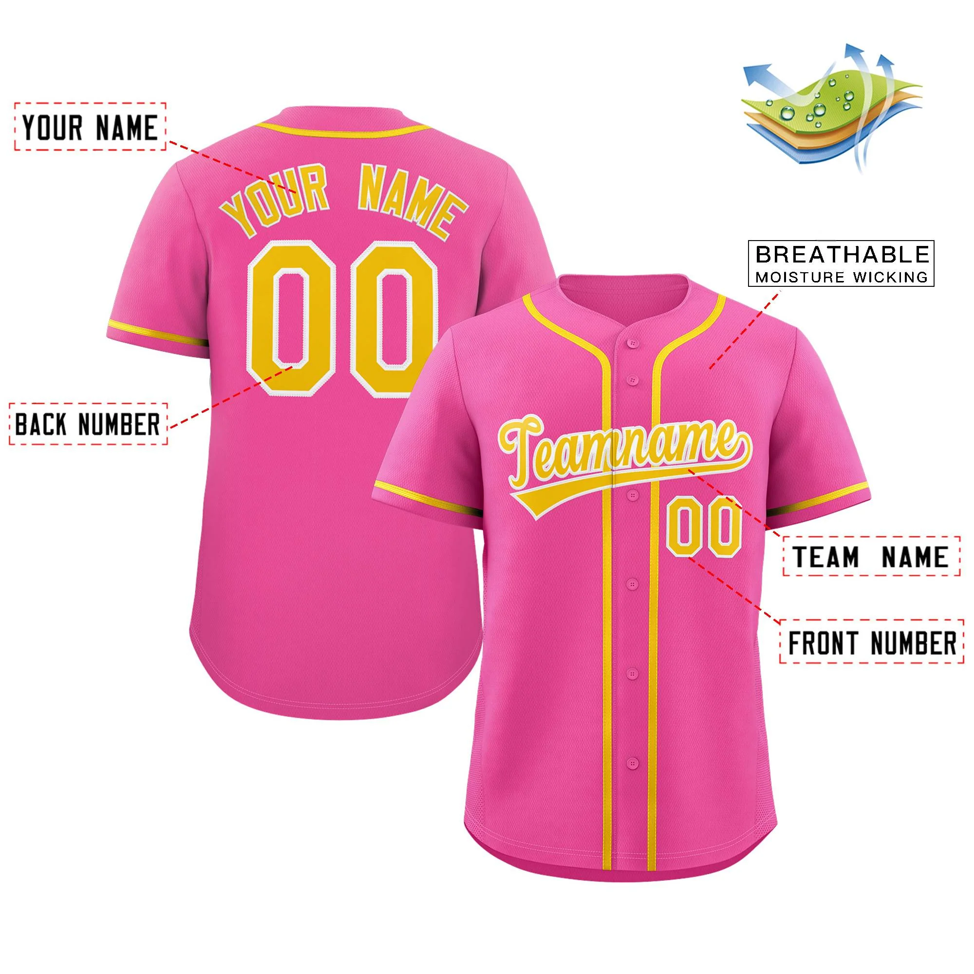 Custom Pink Yellow-White Classic Style Authentic Baseball Jersey - Image 2
