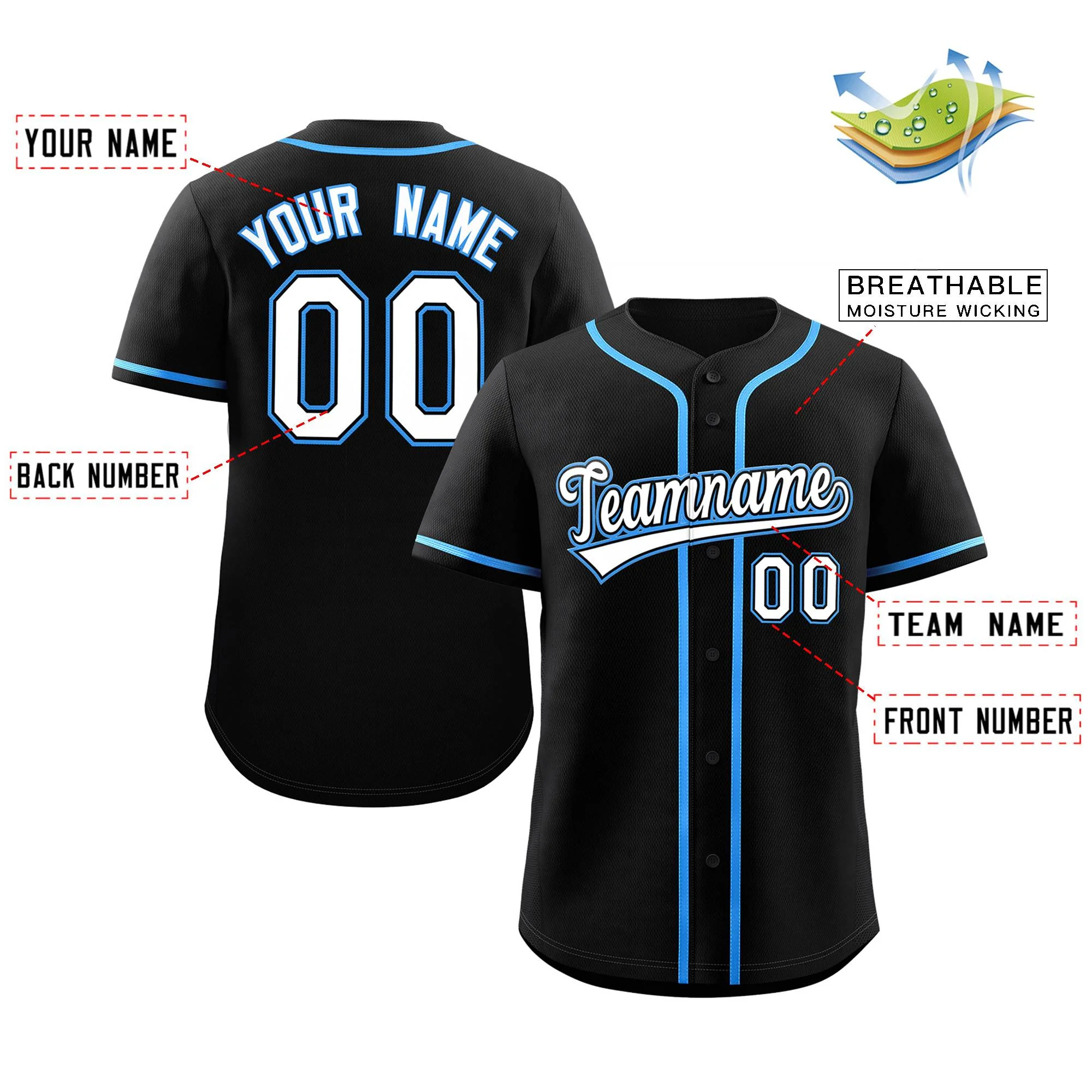 Custom Black White-Powder Blue Classic Style Authentic Baseball Jersey - Image 2