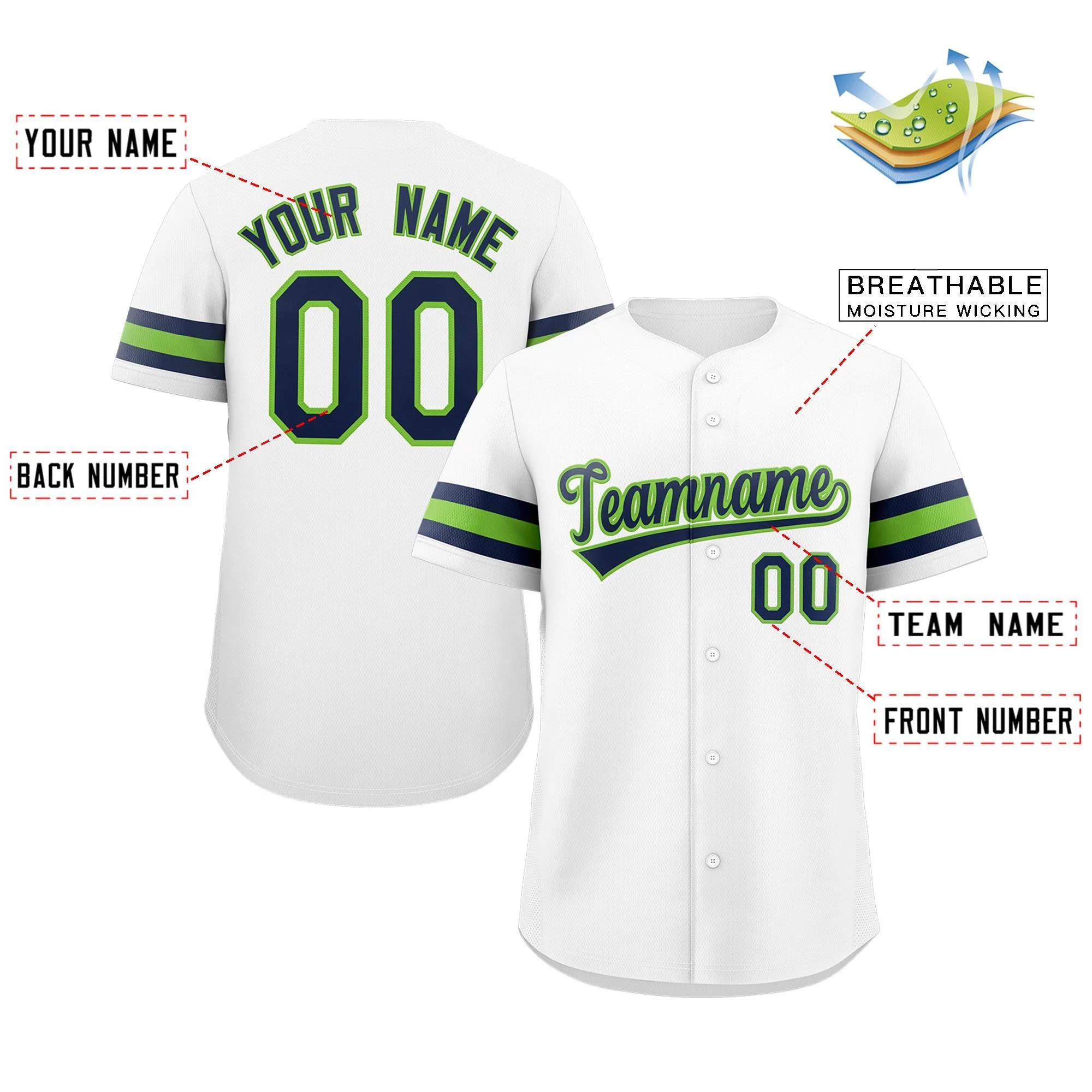Custom White Navy-Green Classic Style Authentic Baseball Jersey - Image 2