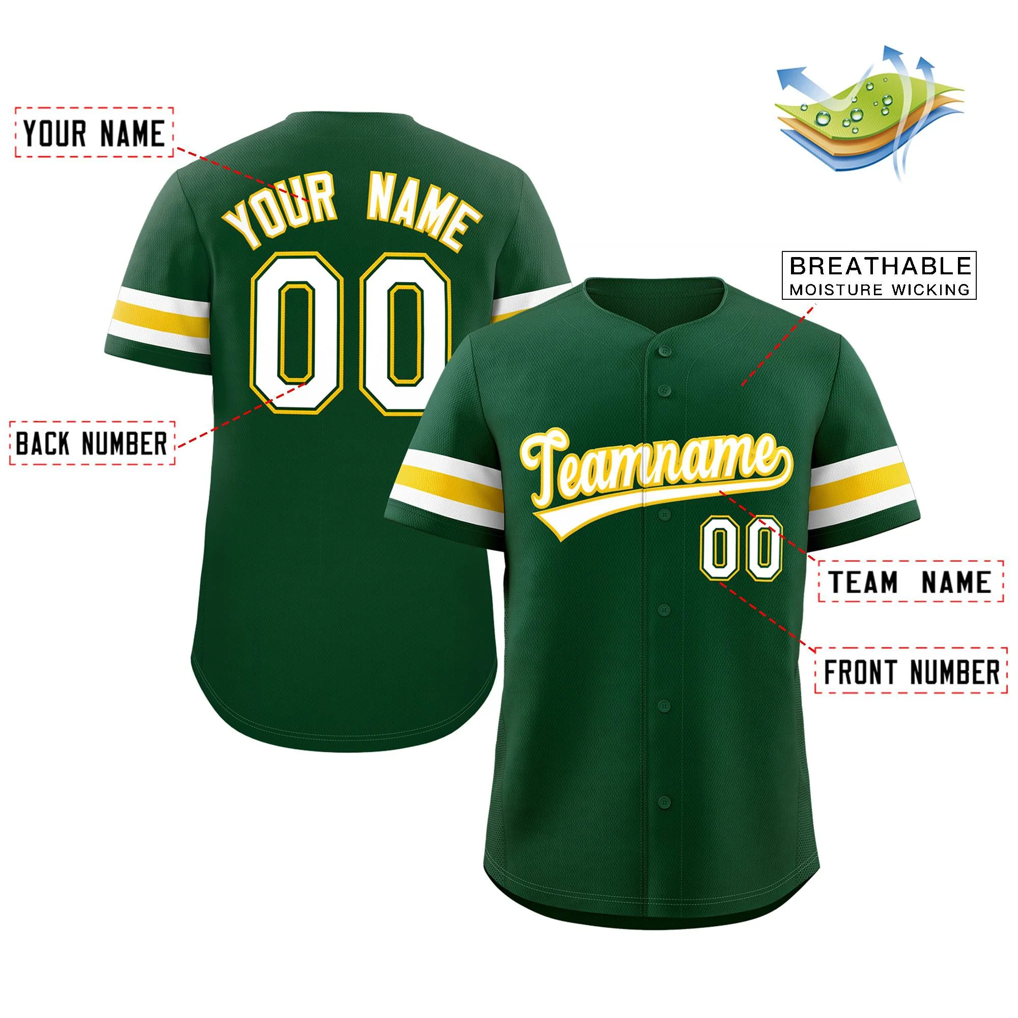 Custom Green White Yellow Classic Style Authentic Baseball Jersey - Image 2