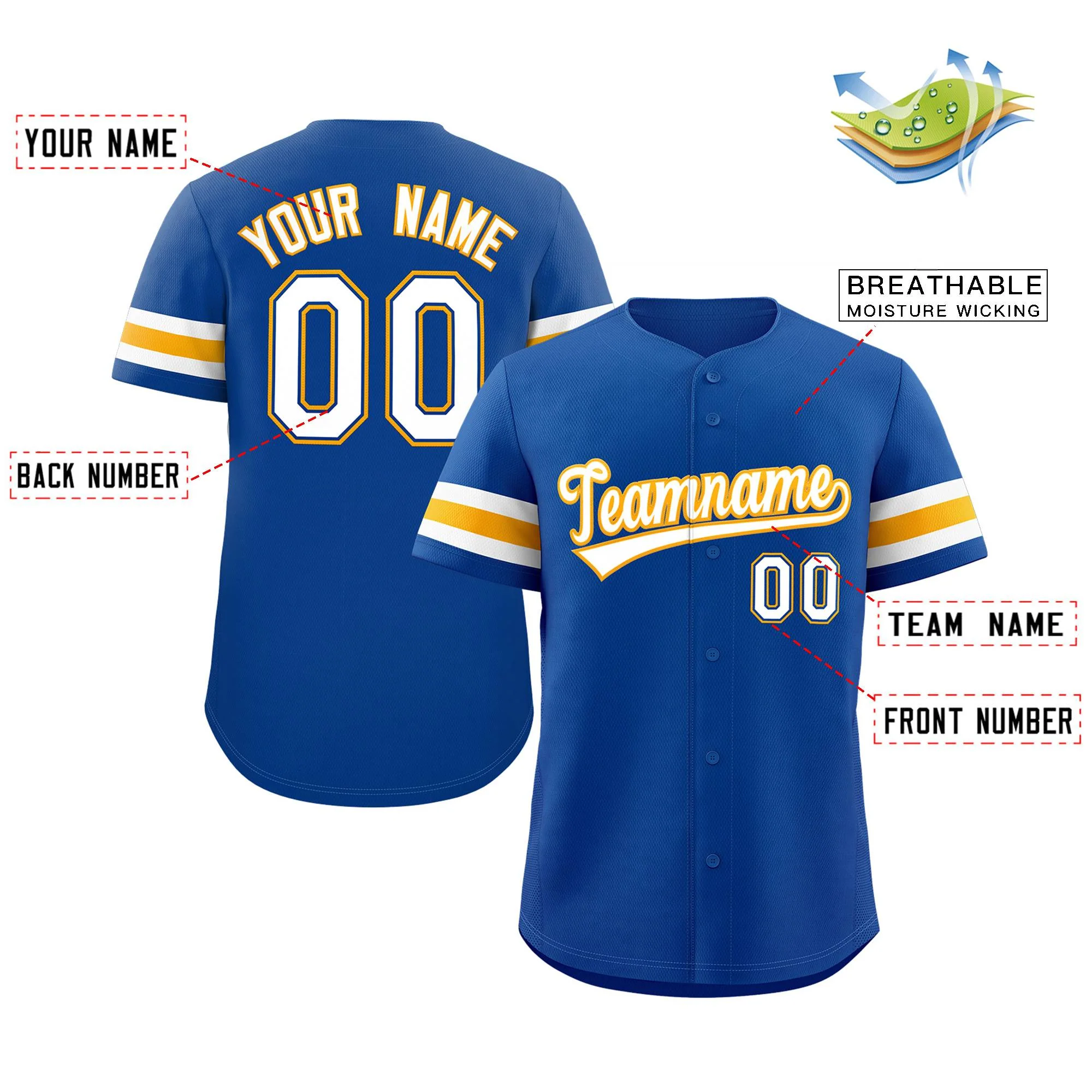 Custom Royal White-Yellow Classic Style Authentic Baseball Jersey - Image 2