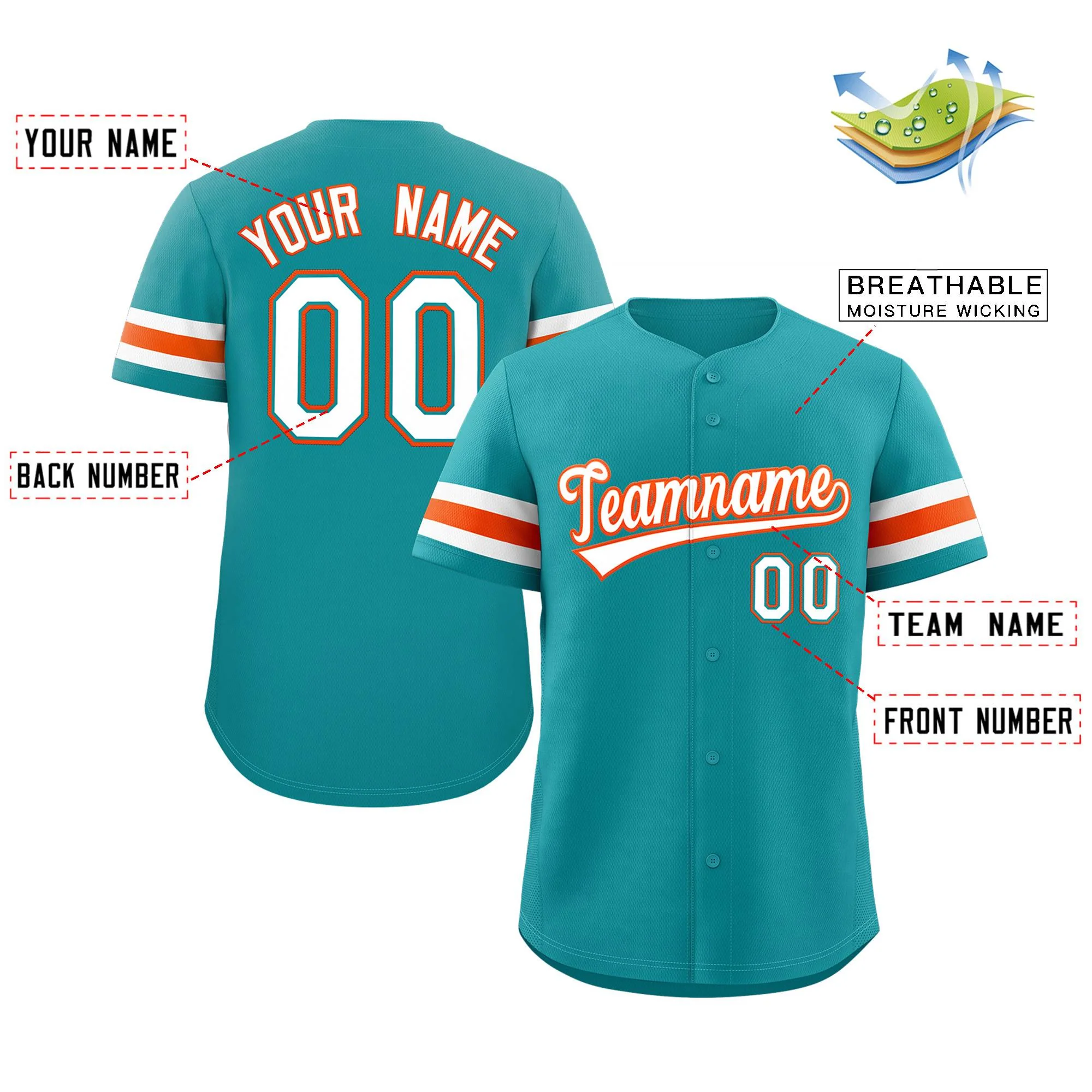 Custom Teal White-Orange Classic Style Authentic Baseball Jersey - Image 2