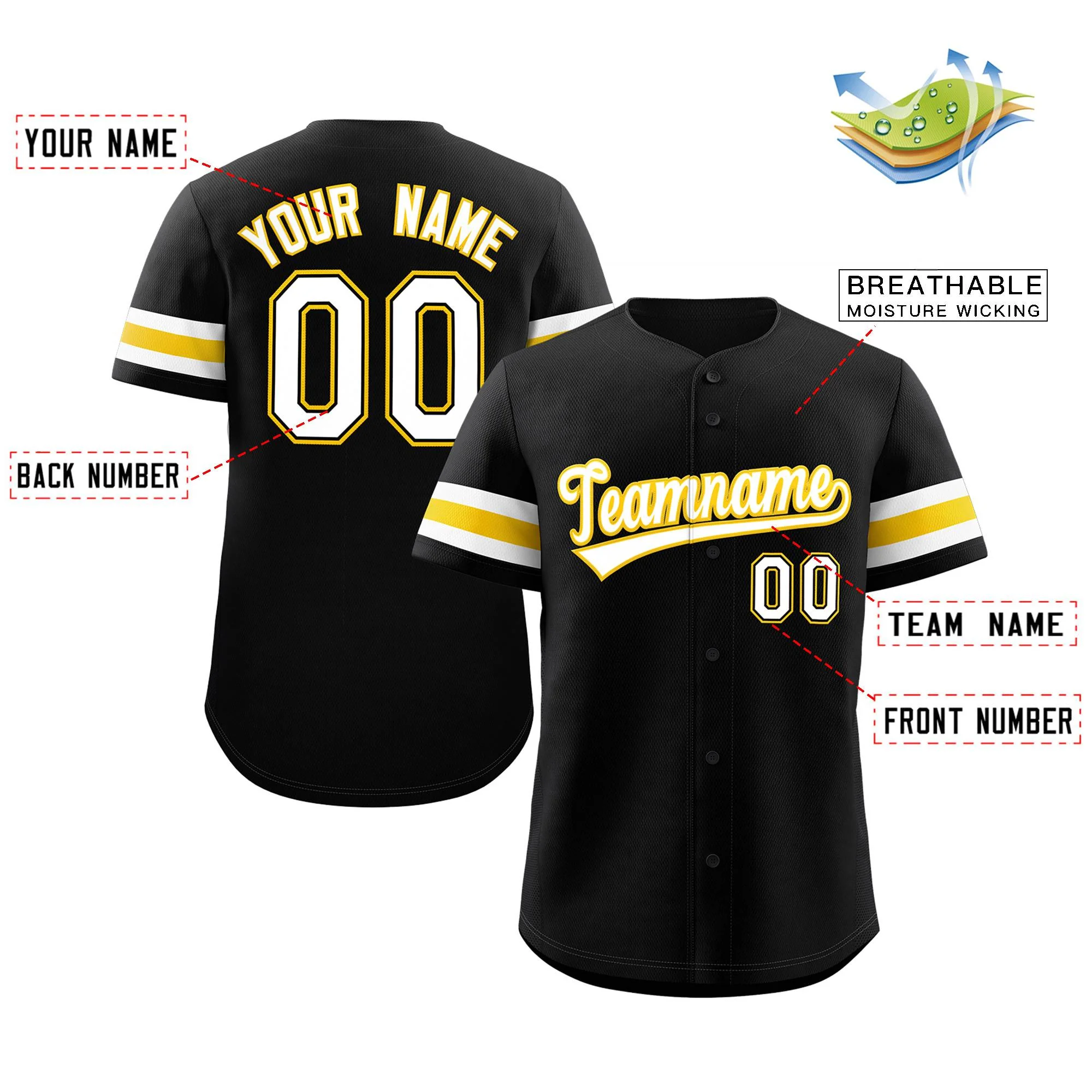 Custom Black White-Yellow Classic Style Authentic Baseball Jersey - Image 2