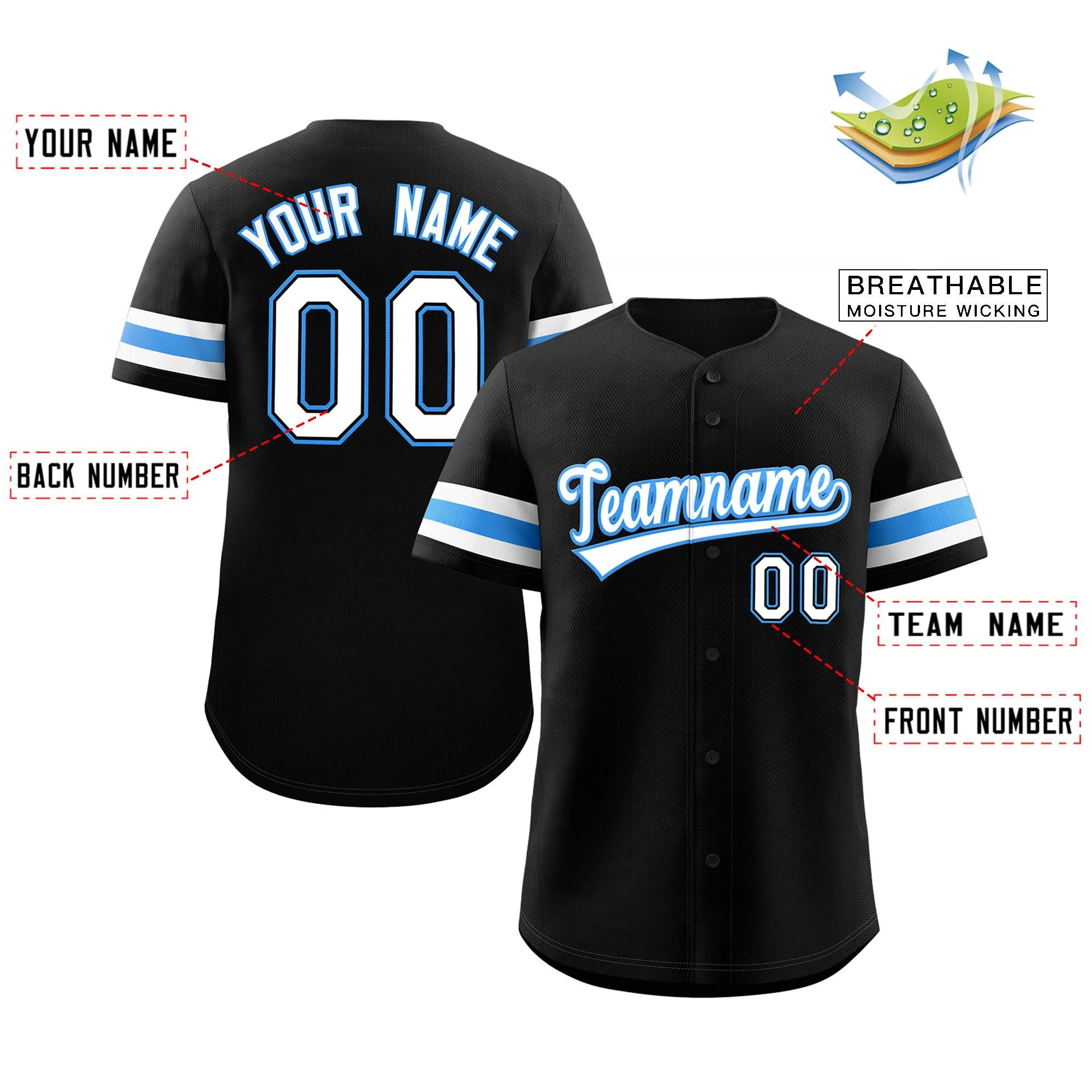 Custom Black White-Powder Blue Classic Style Authentic Baseball Jersey - Image 2