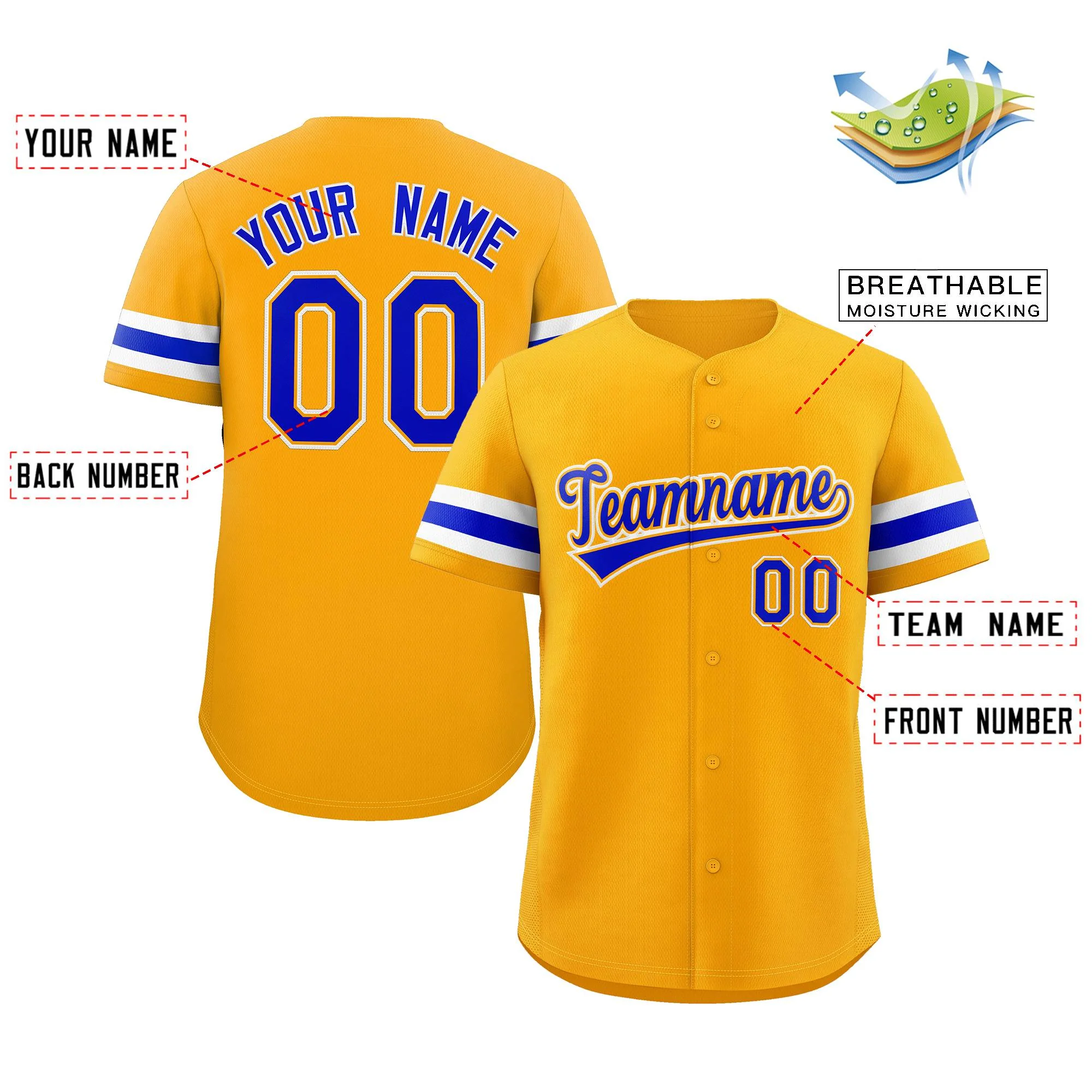 Custom Yellow Royal-White Classic Style Authentic Baseball Jersey - Image 2