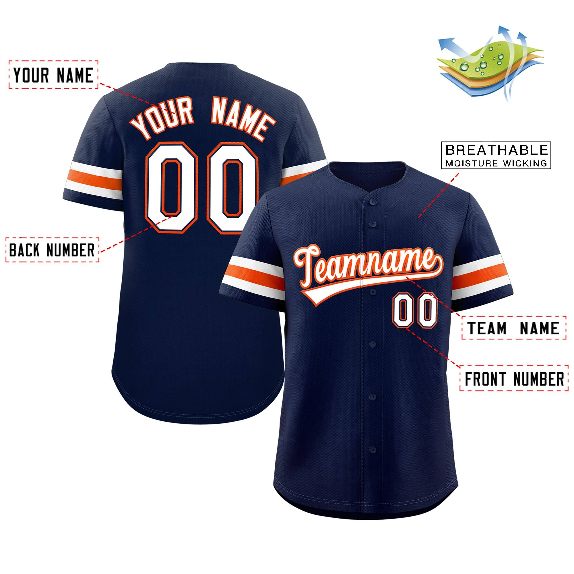 Custom Navy White-Orange Classic Style Authentic Baseball Jersey - Image 2