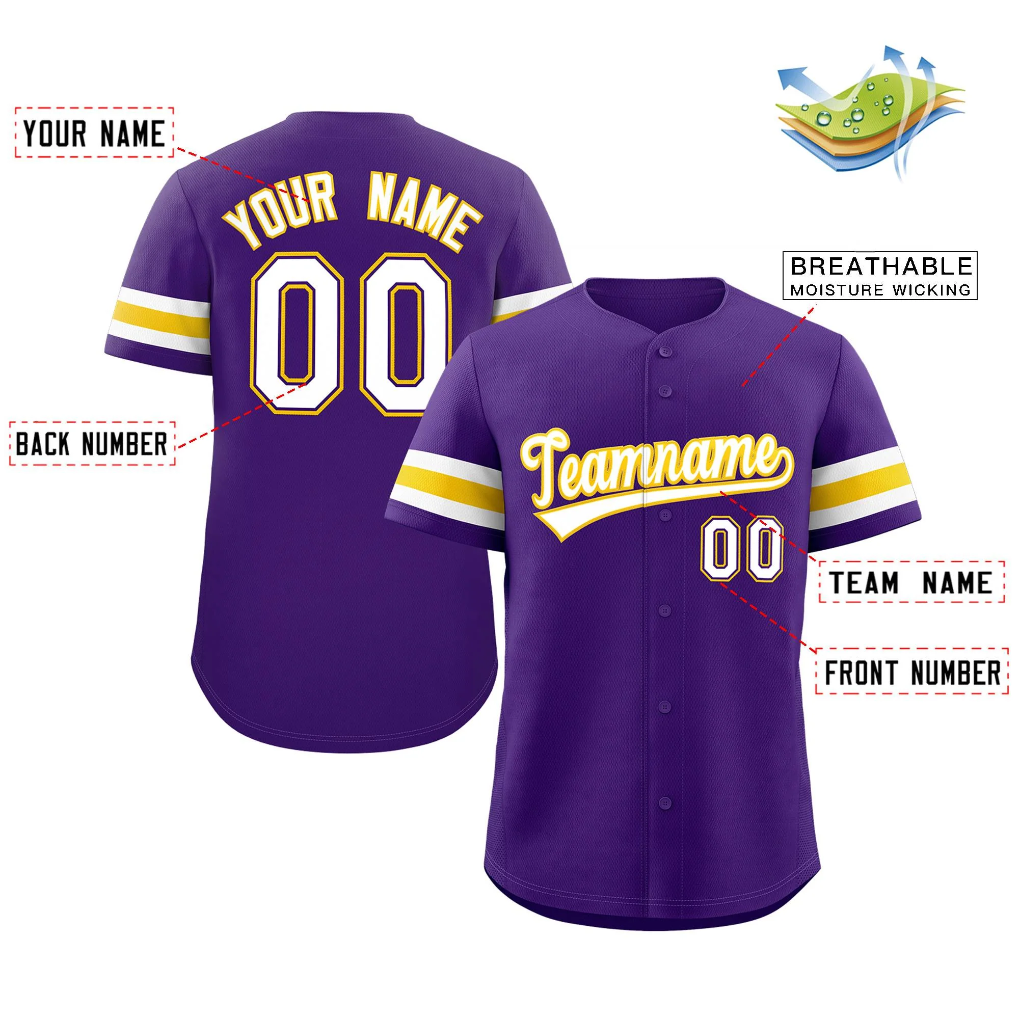 Custom Purple White-Yellow Classic Style Authentic Baseball Jersey - Image 2