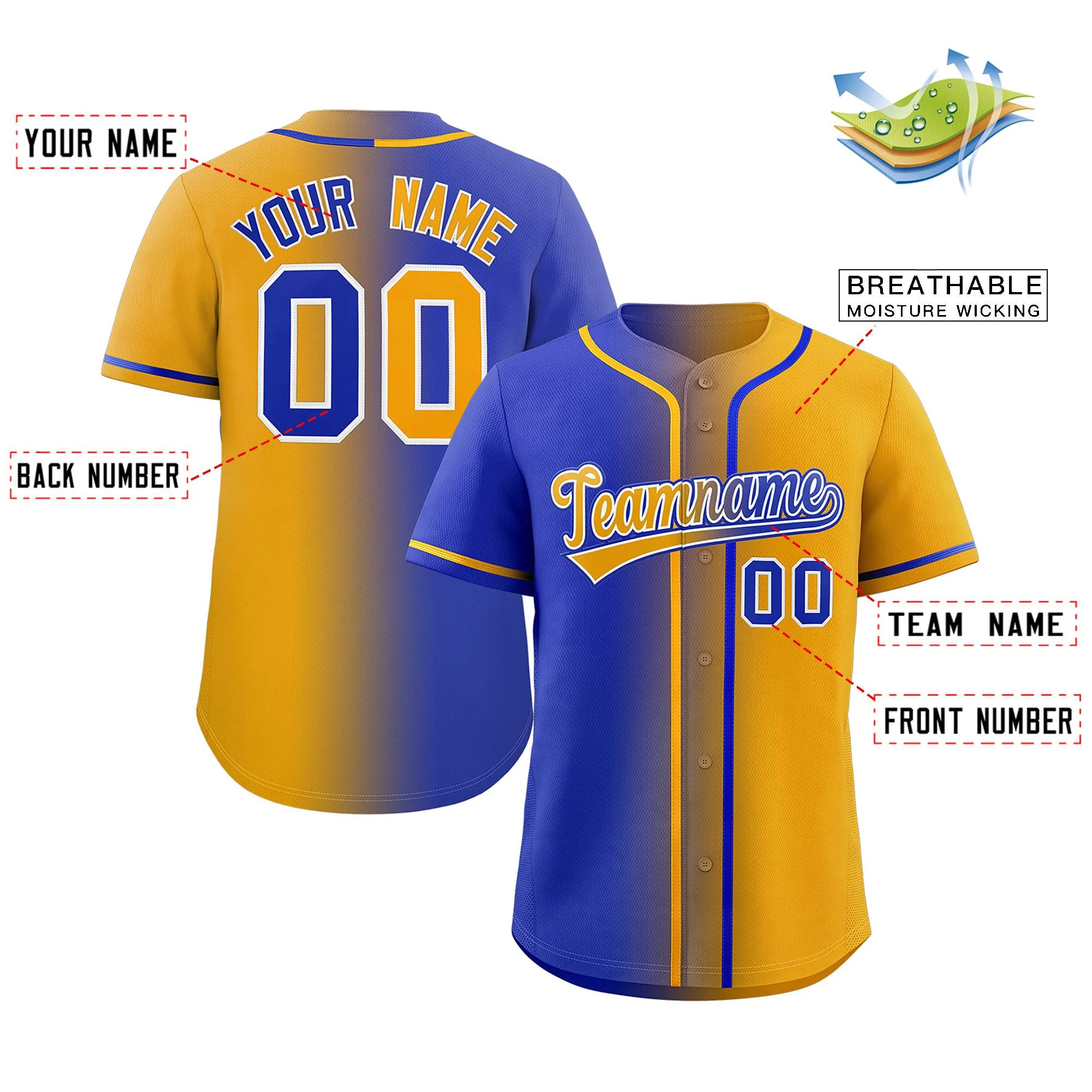 Custom Royal Yellow Gradient Fashion Authentic Baseball Jersey - Image 2