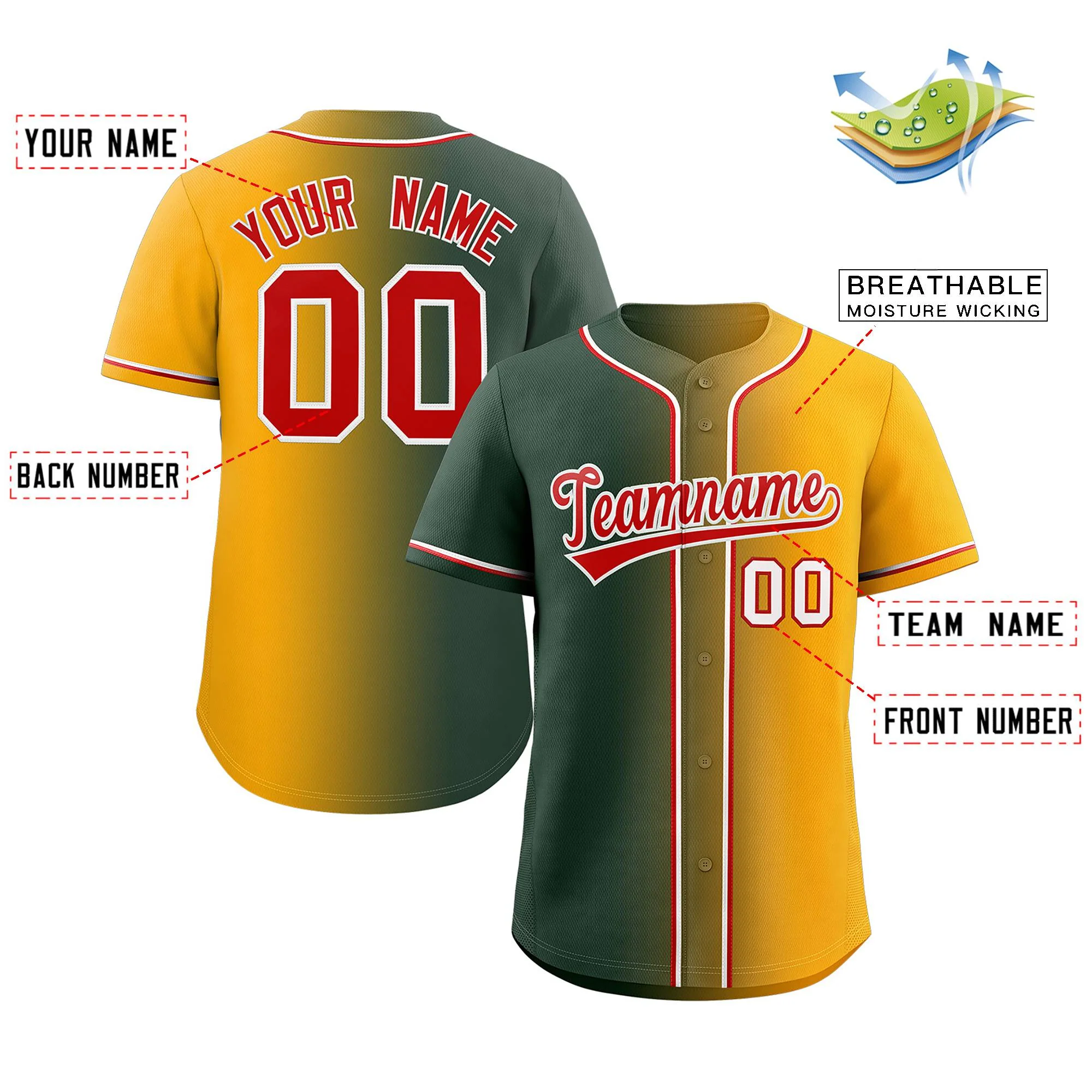 Custom Green Red-White Gradient Fashion Authentic Baseball Jersey - Image 2