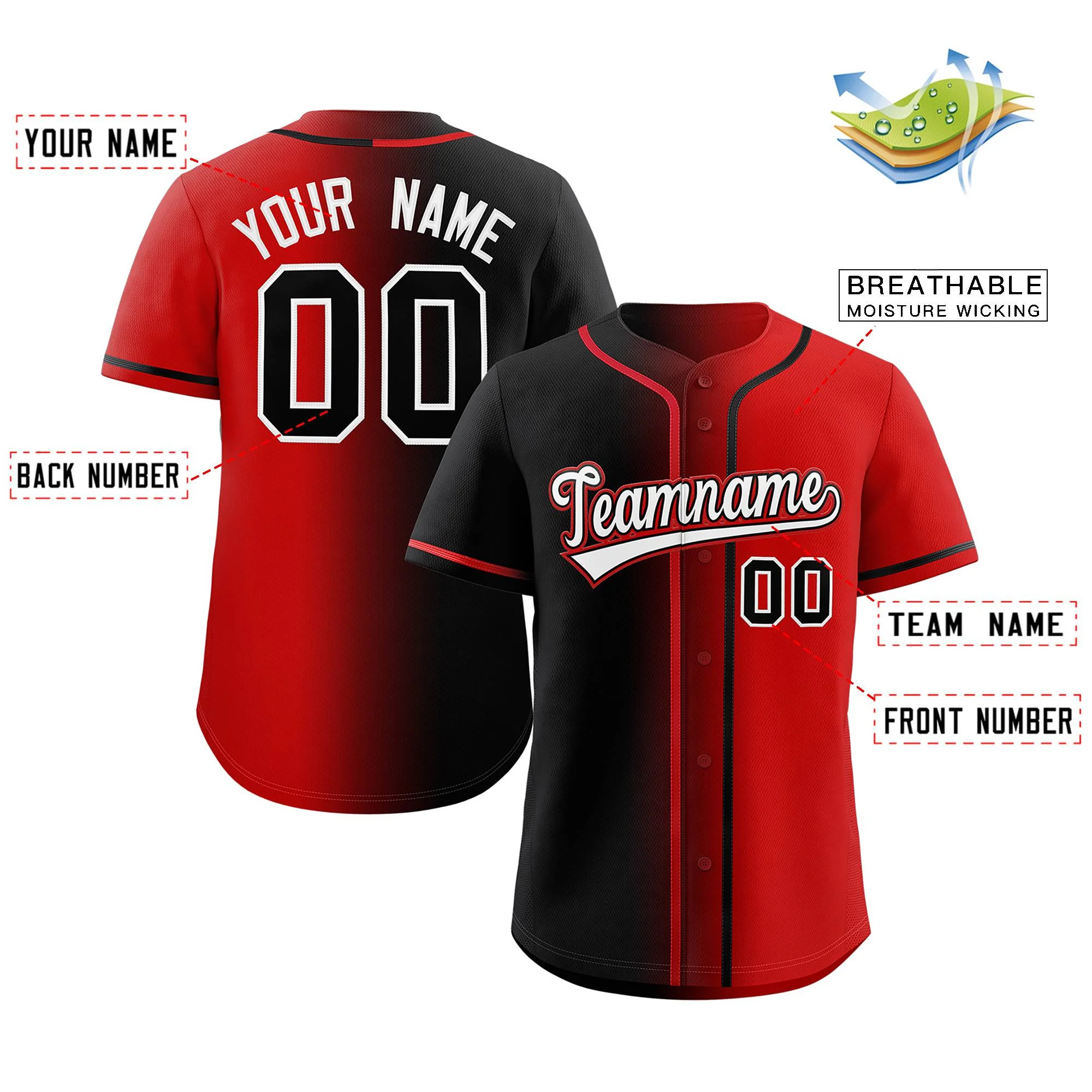 Custom Red White-Black Gradient Fashion Authentic Baseball Jersey - Image 2