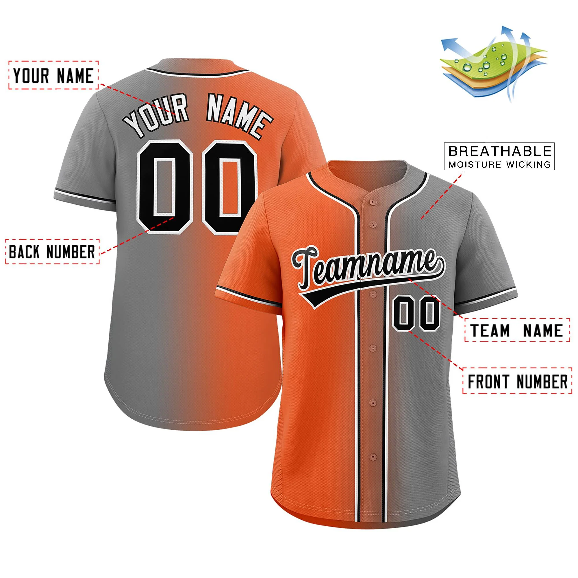 Custom Orange Black-White Gradient Fashion Authentic Baseball Jersey - Image 2