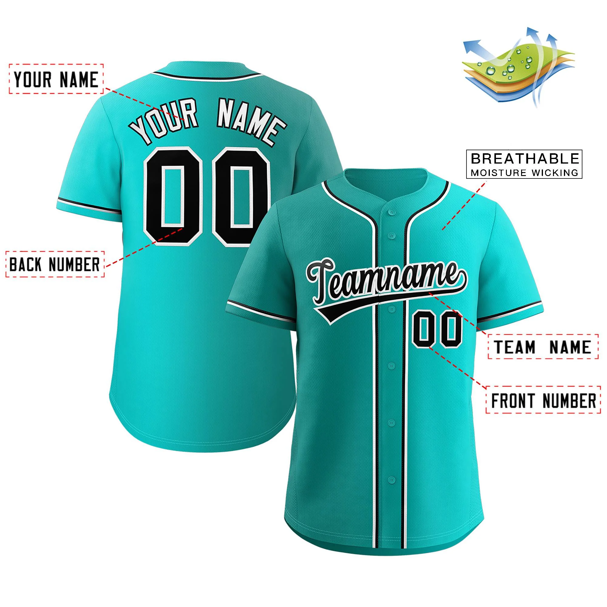 Custom Teal Black-White Gradient Fashion Authentic Baseball Jersey - Image 2