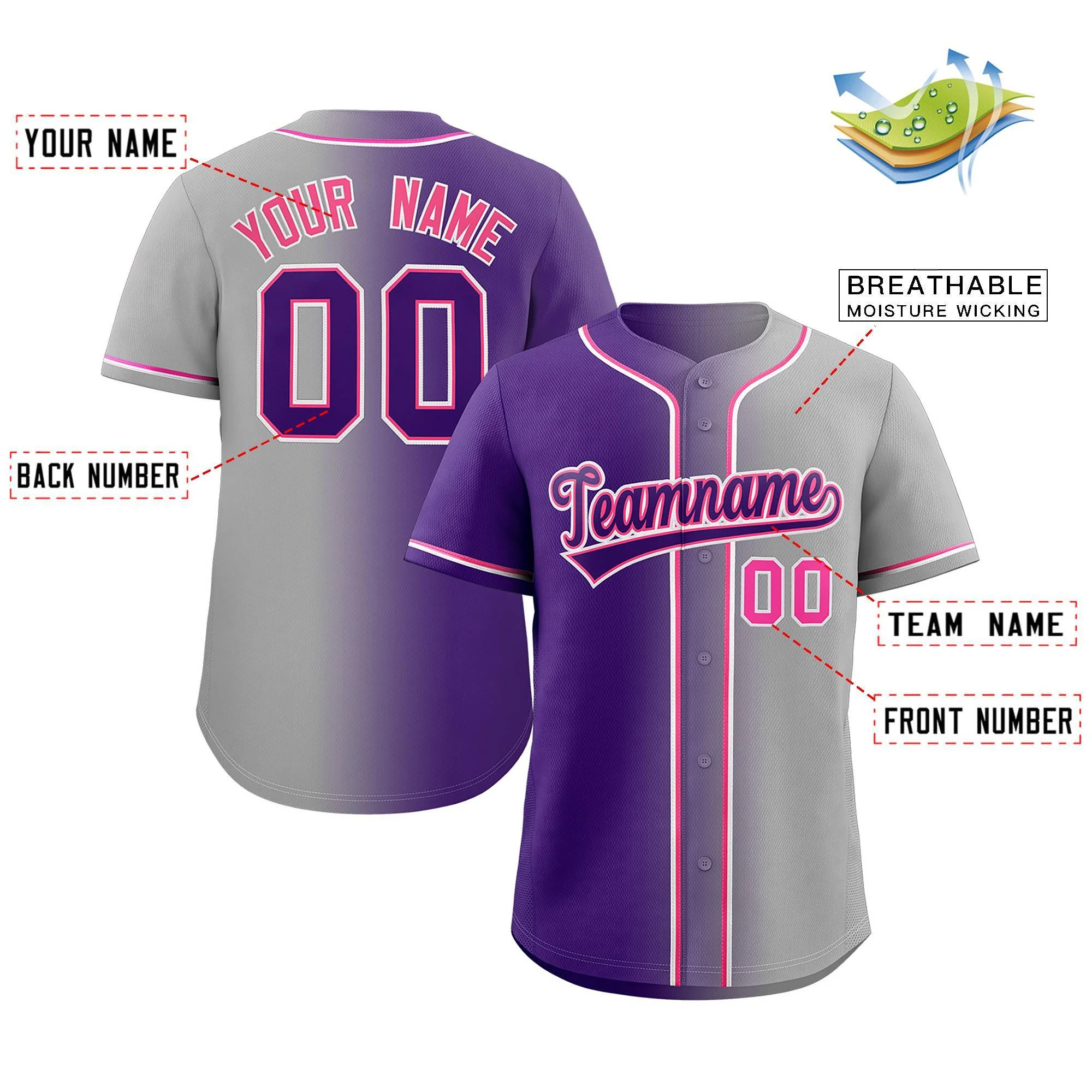 Custom Gray Purple-Pink Gradient Fashion Authentic Baseball Jersey - Image 2