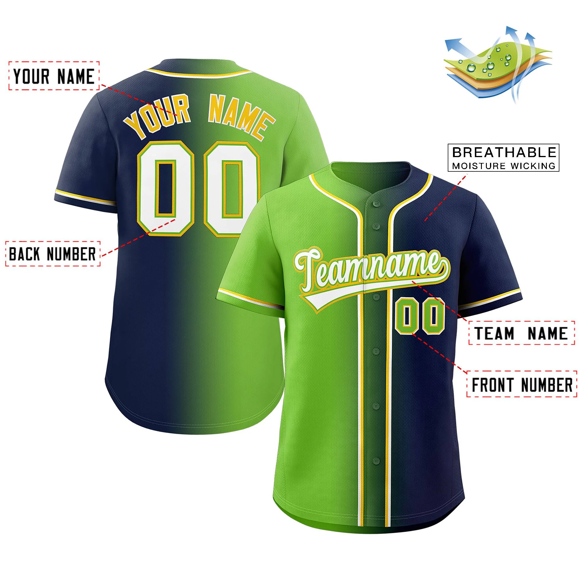 Custom Neon Green Navy-White Gradient Fashion Authentic Baseball Jersey - Image 2