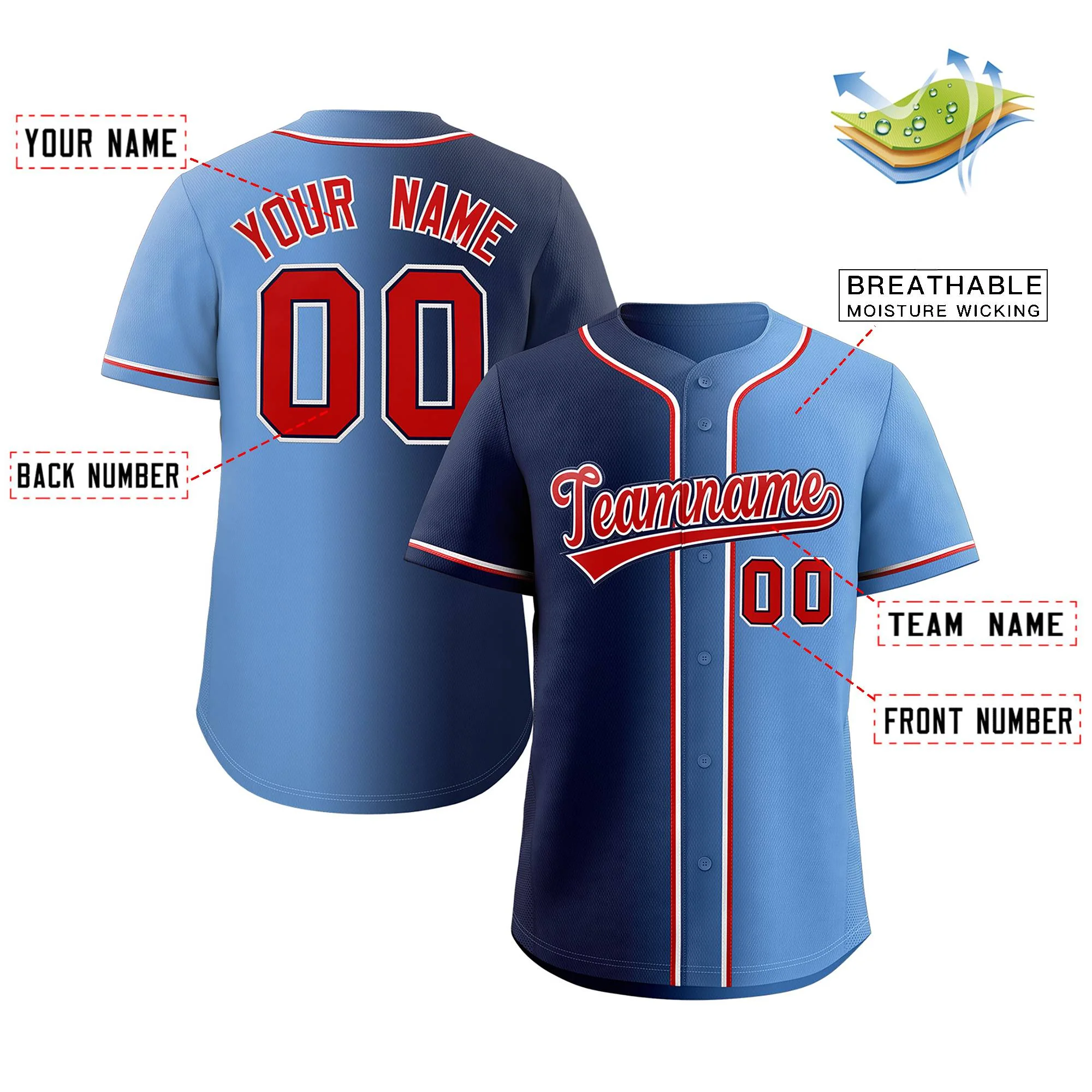 Custom Navy Red-Black Gradient Fashion Authentic Baseball Jersey - Image 2