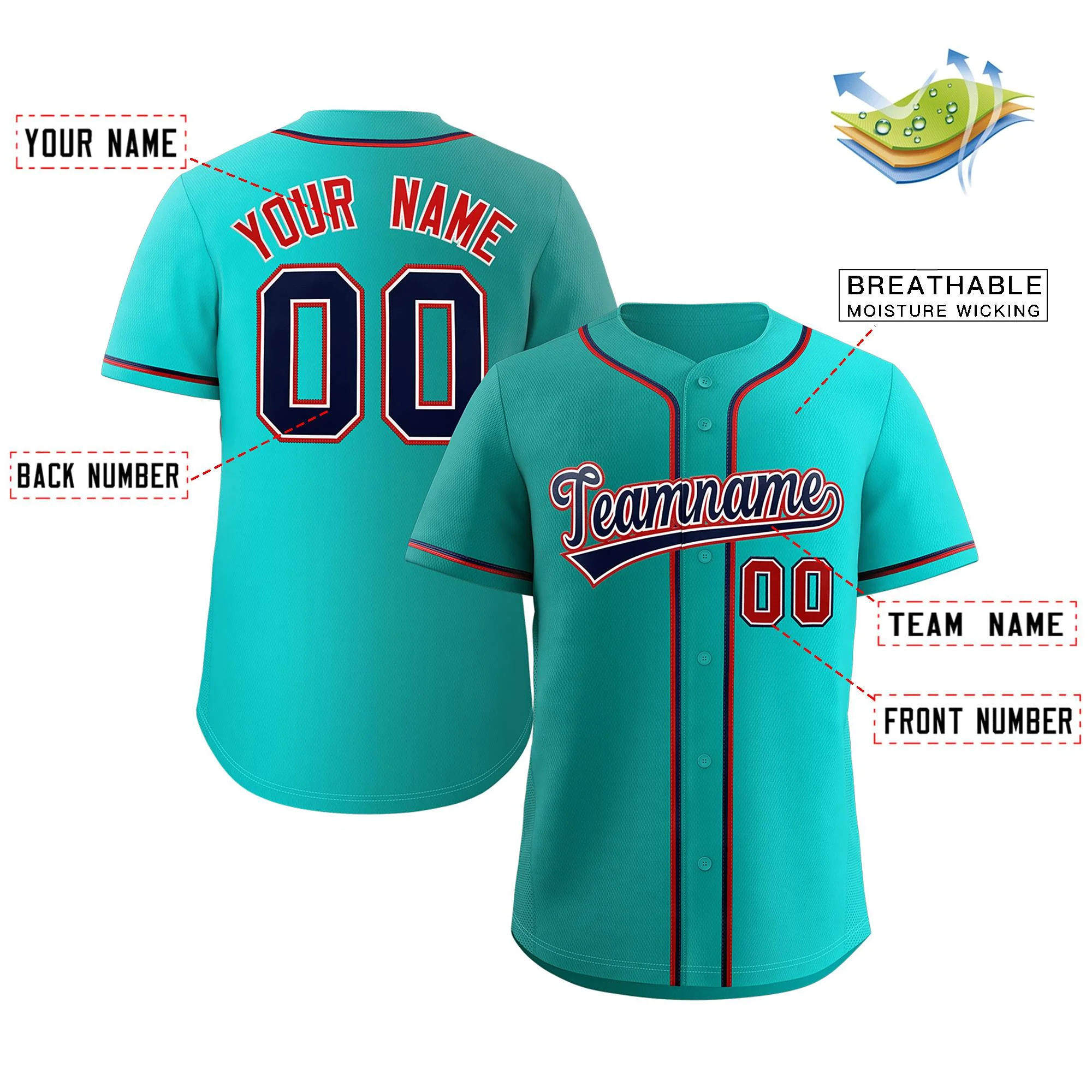 Custom Teal Navy-Red Gradient Fashion Authentic Baseball Jersey - Image 2