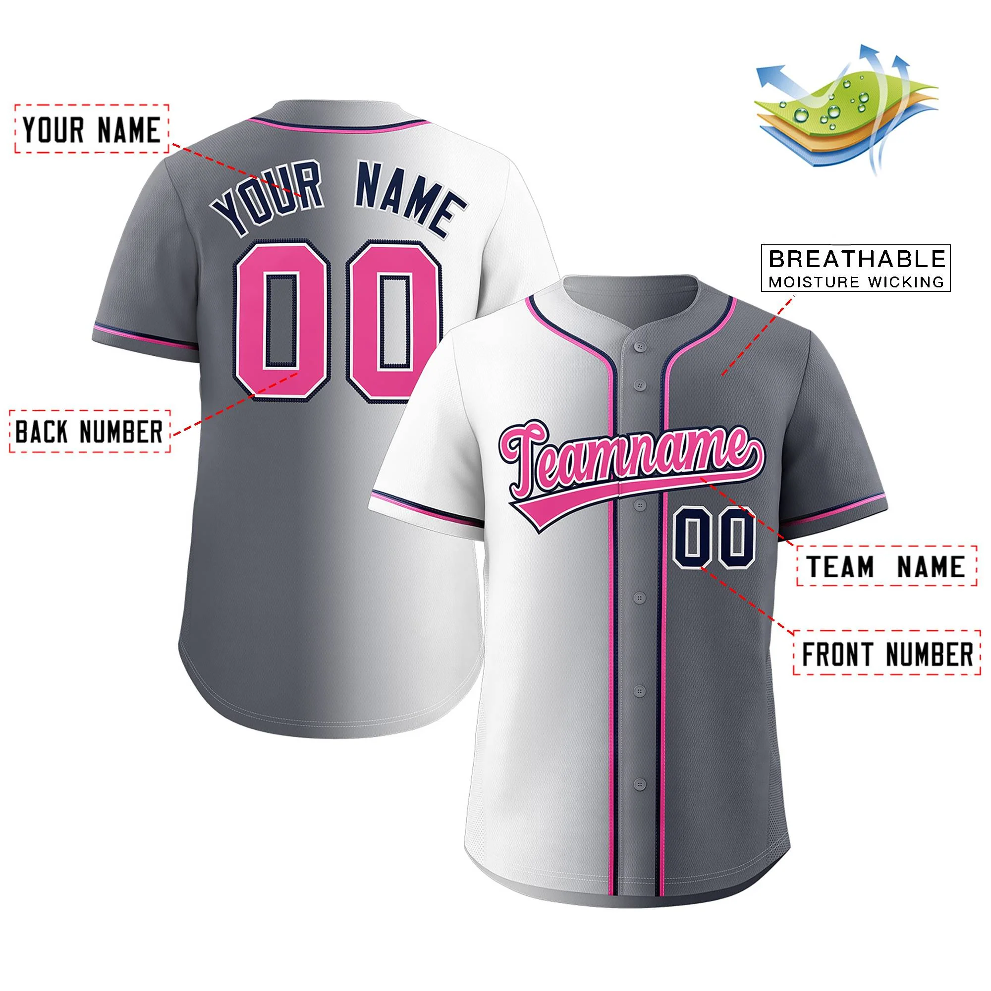Custom Gray Pink-Navy Gradient Fashion Authentic Baseball Jersey - Image 2