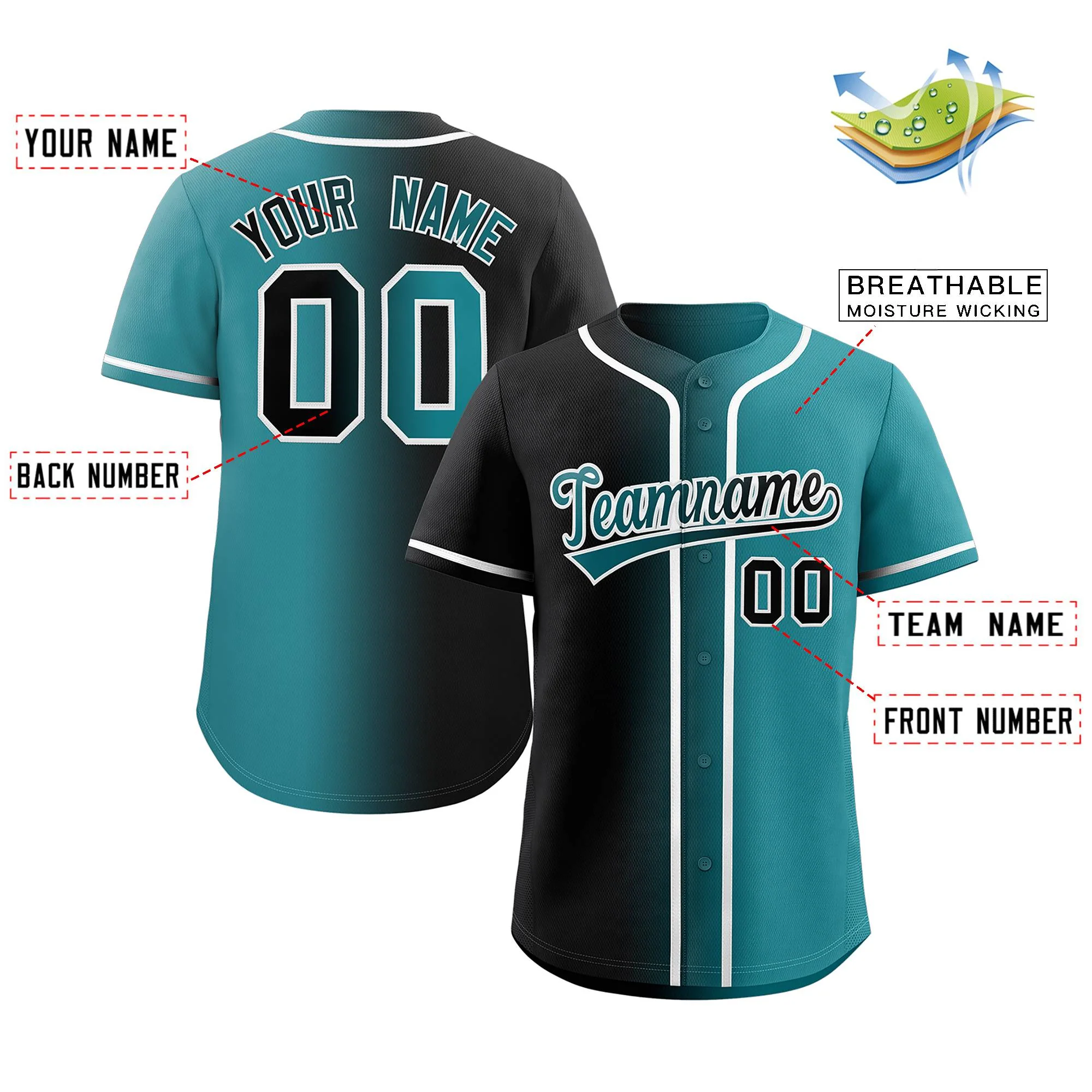 Custom Black Teal-White Gradient Fashion Authentic Baseball Jersey - Image 2