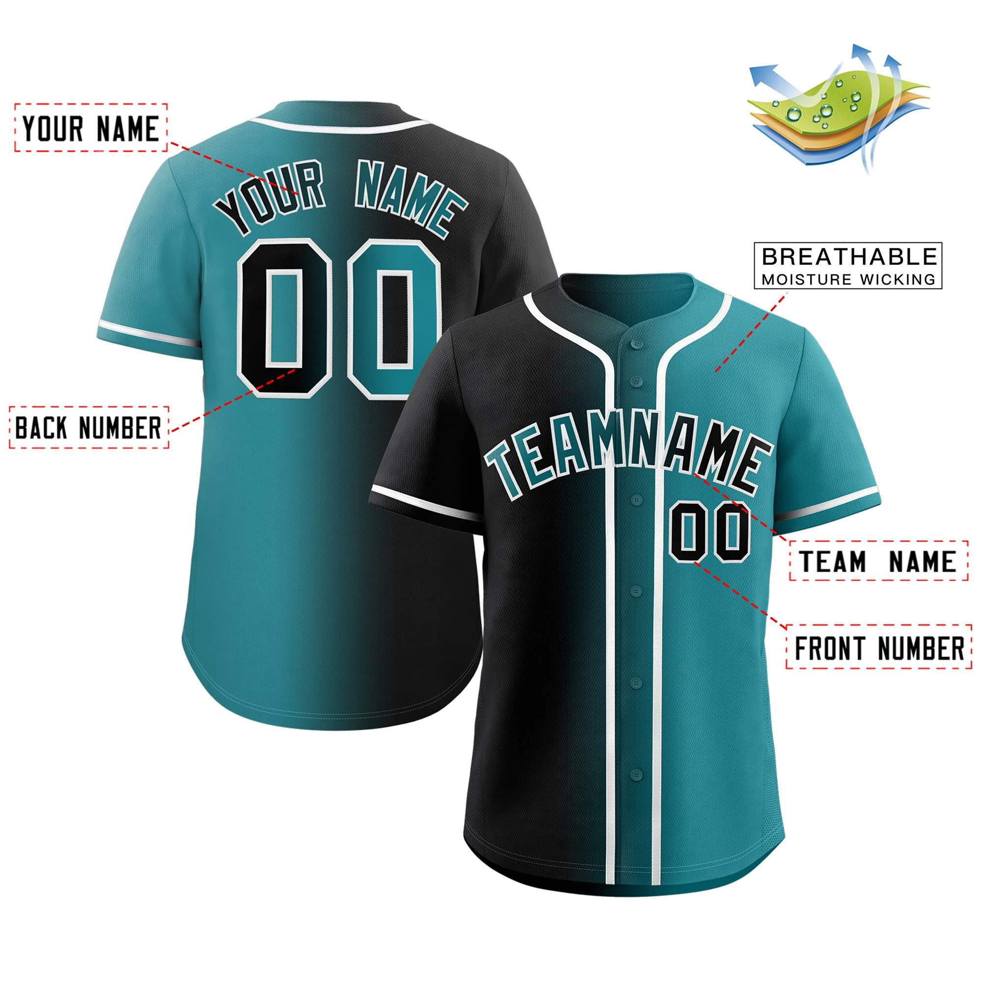 Custom Black Teal-White Gradient Fashion Authentic Baseball Jersey - Image 2