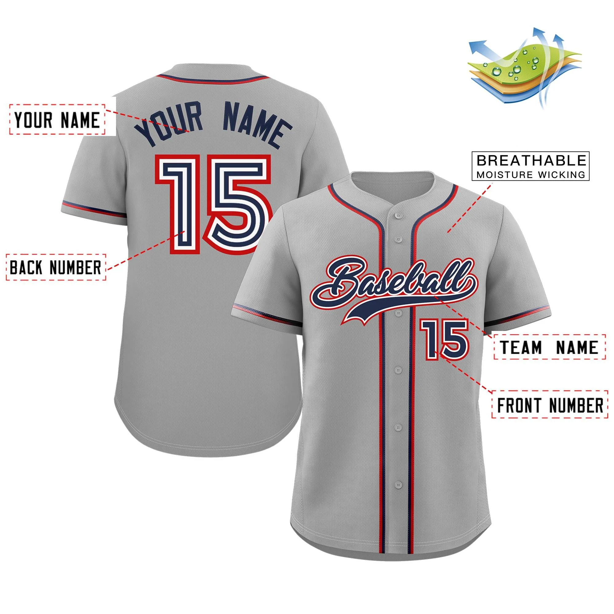 Custom Gray Navy Classic Style Authentic Baseball Jersey - Image 2
